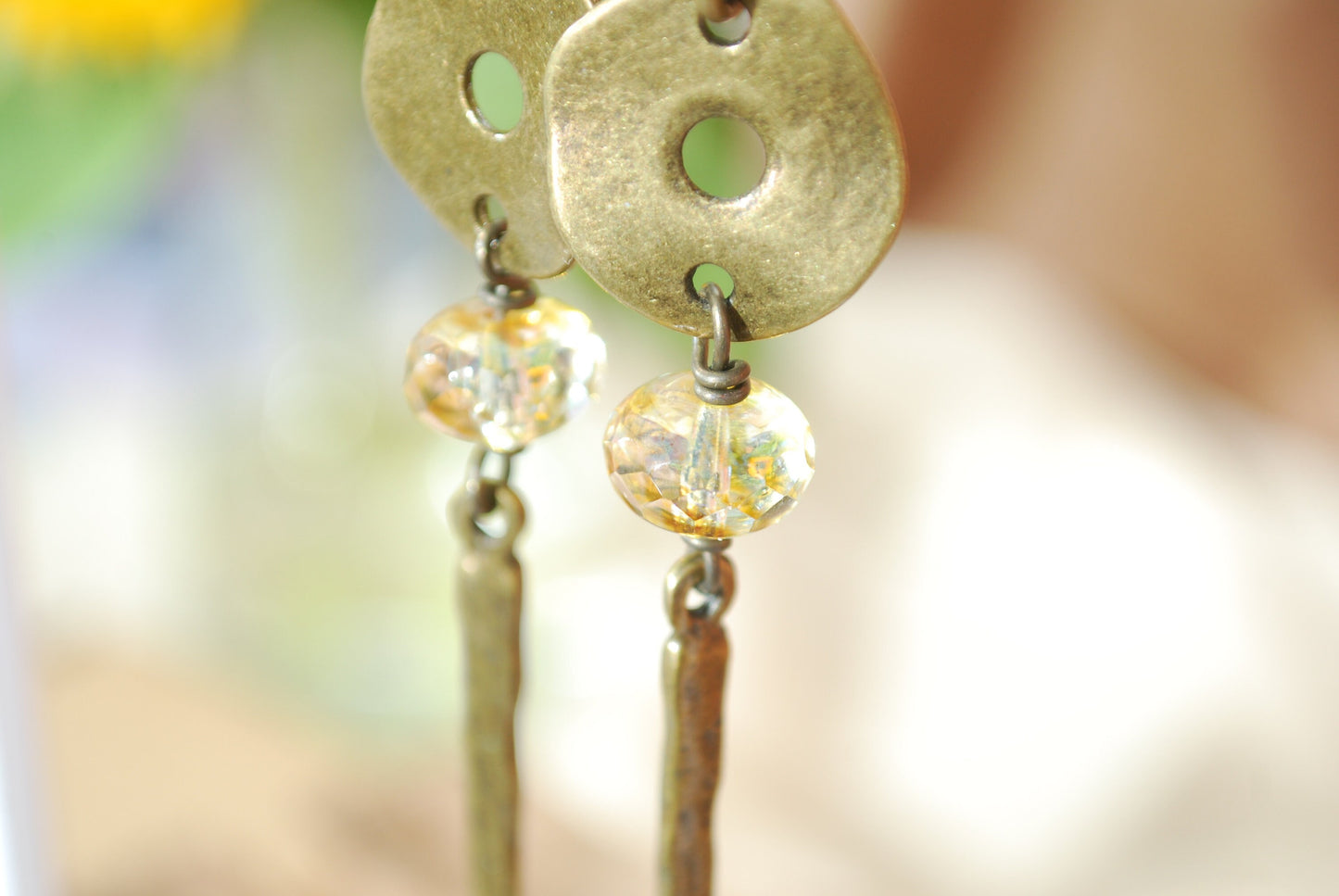 Vintage Style Spike Bohemian Earrings with Yellow Czech Glass Beads, 9cm