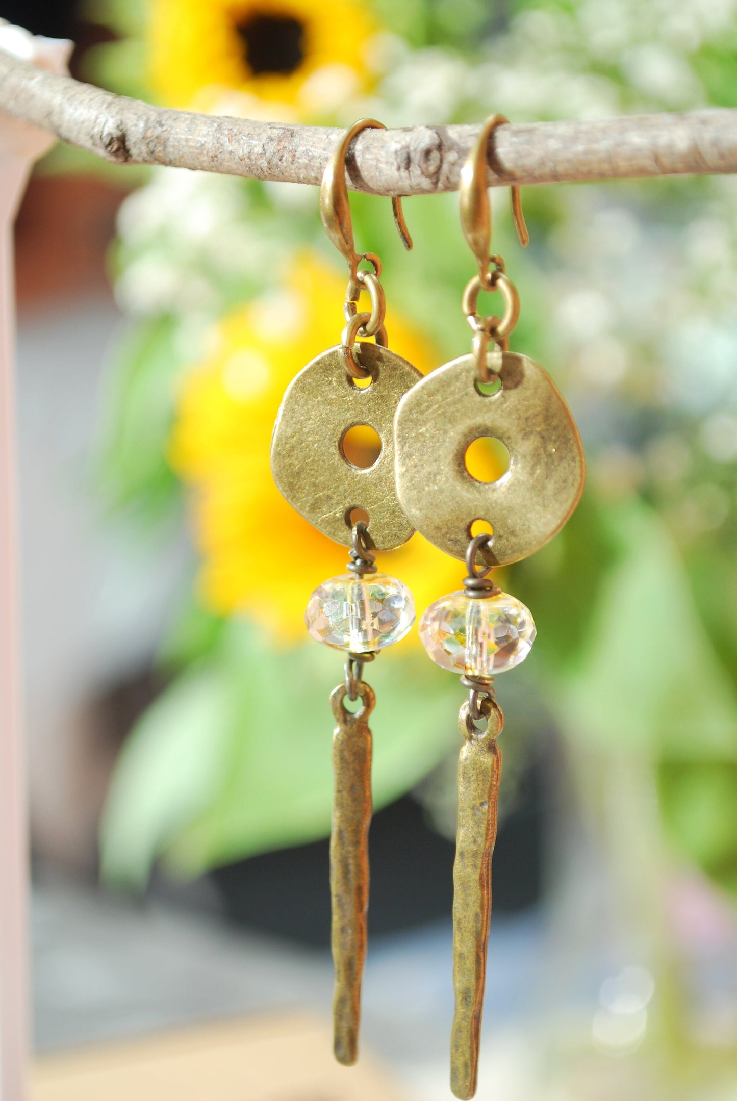 Vintage Style Spike Bohemian Earrings with Yellow Czech Glass Beads, 9cm