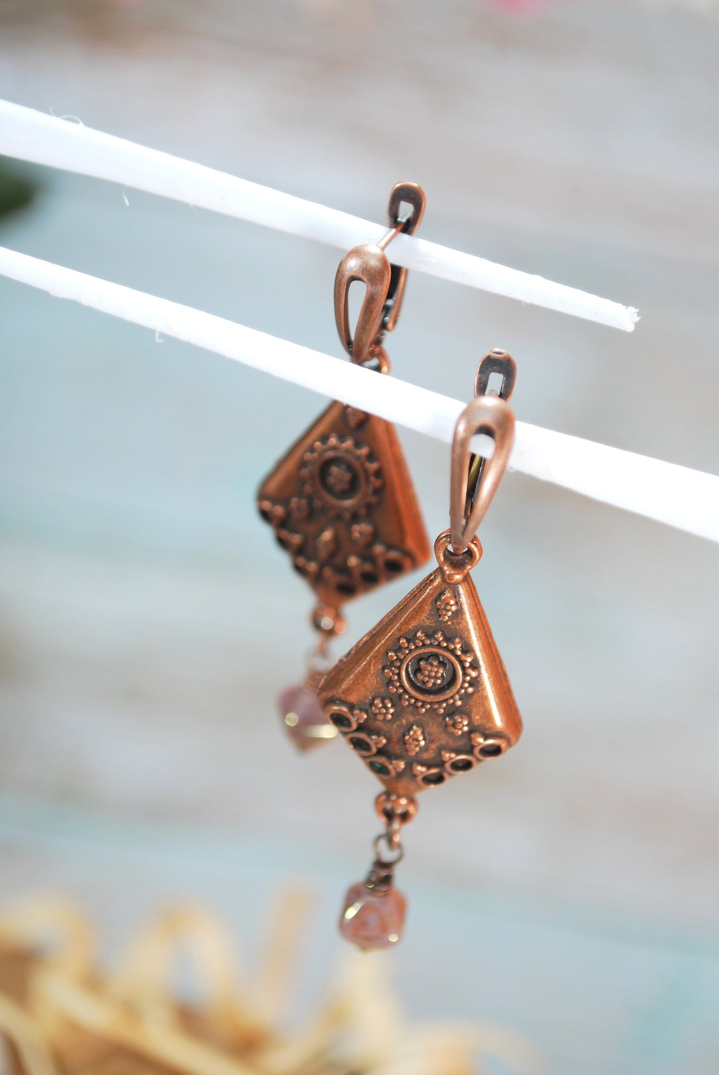 Textured boho earrings, Copper diamond-shaped earrings, Unique statement earrings, 6.2 cm - 2.5".