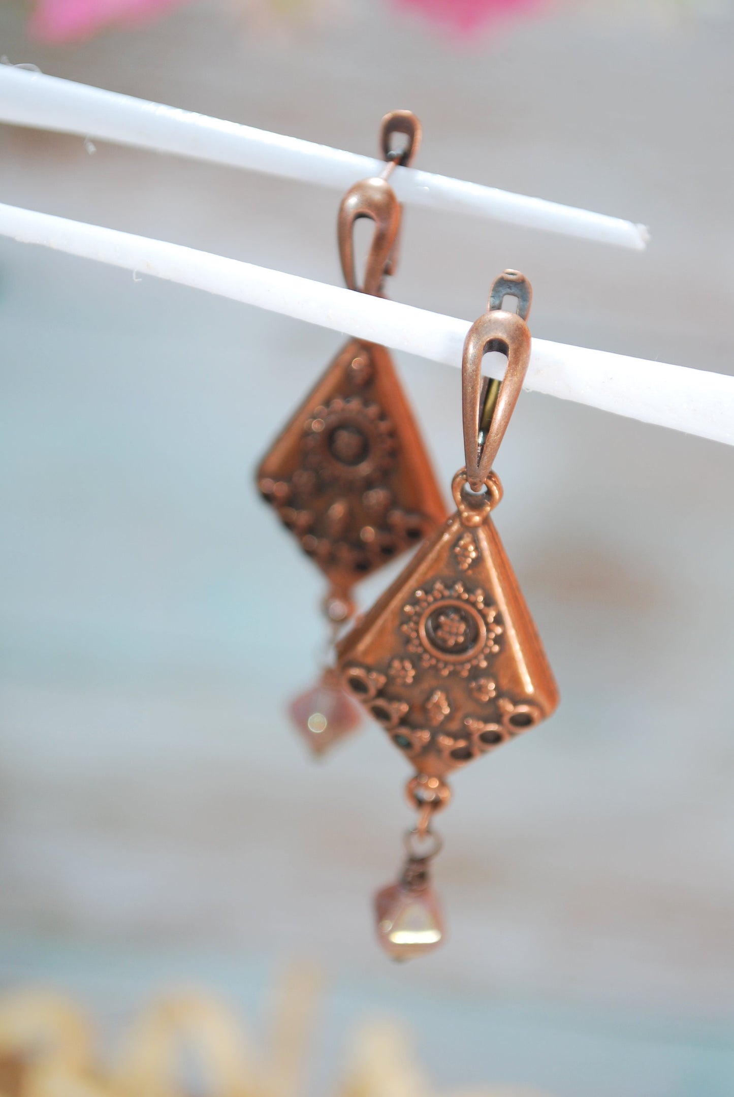 Textured boho earrings, Copper diamond-shaped earrings, Unique statement earrings, 6.2 cm - 2.5".