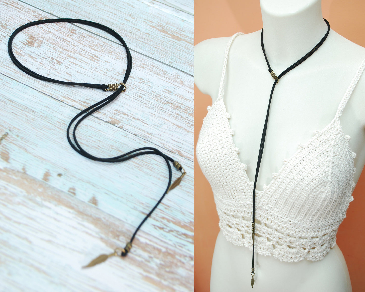 Long black leather choker necklace, Beach wrap necklace,Cowgirl style.