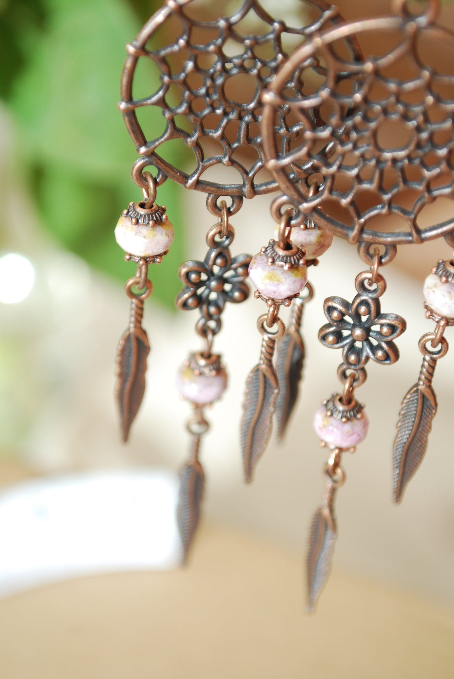 Dream Catcher feather hippie copper beaded long earrings, natives Americans jewelry, Indian style, 10cm 4"