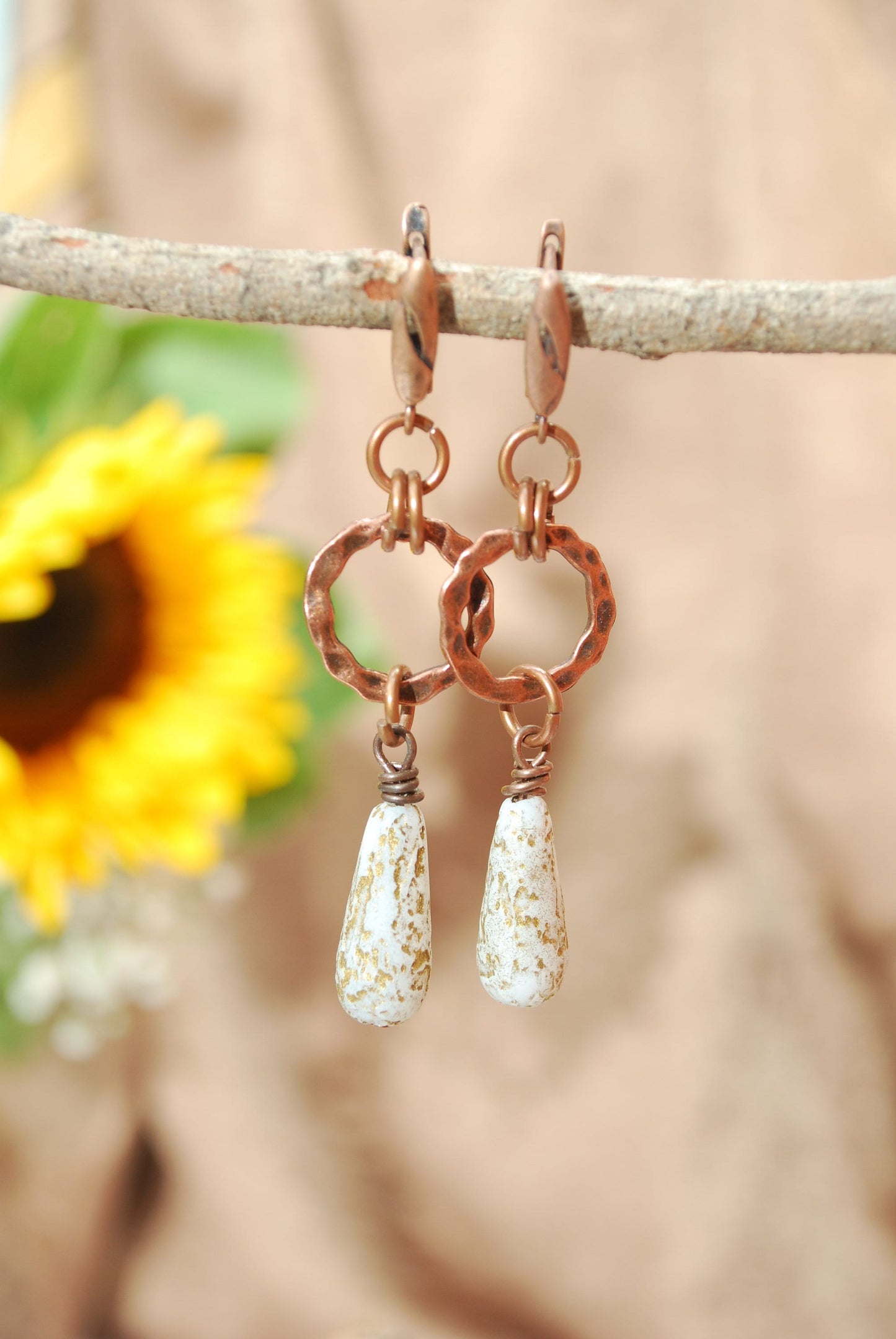 Rustic Fashion Beaded Earrings, Copper Earrings, Chick Bohemian Hoops, Large Dangles 6,5cm 2,5"