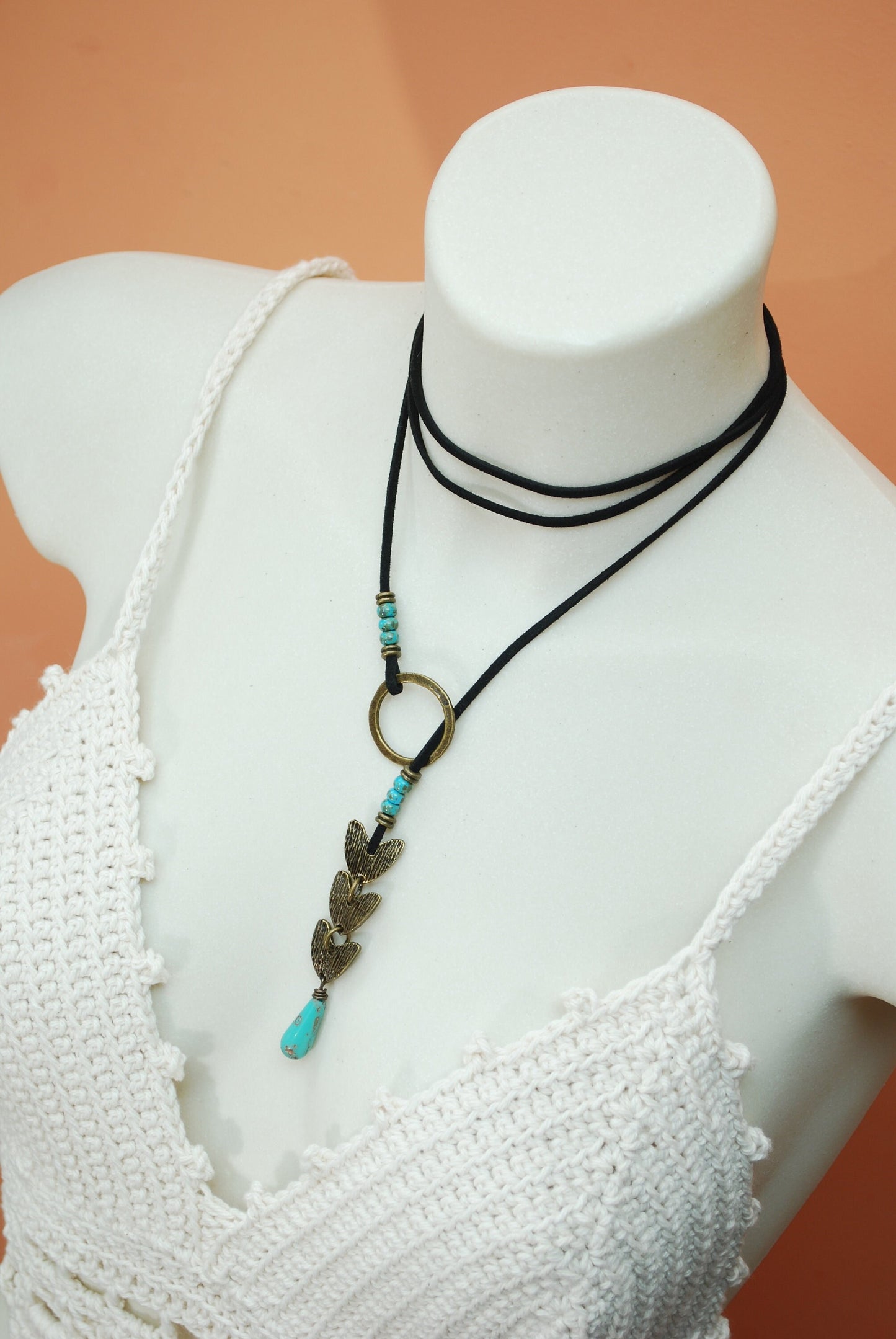 Delicate Faux Leather Choker, Sexy Wrap Necklace, Lariat Layering Y Necklace,  One of the kind, Estibela design