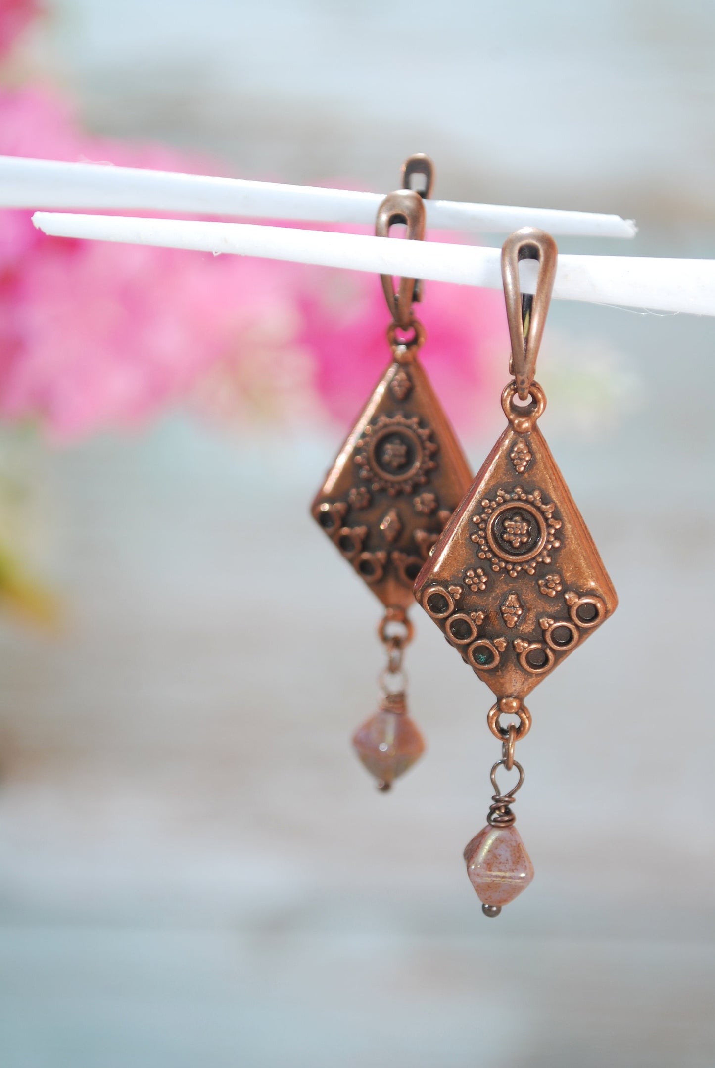 Textured boho earrings, Copper diamond-shaped earrings, Unique statement earrings, 6.2 cm - 2.5".