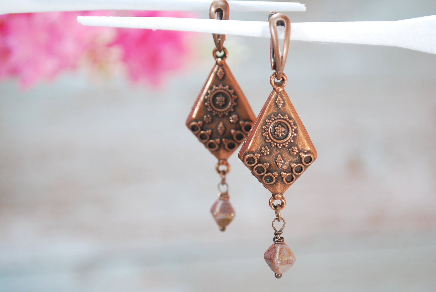 Textured boho earrings, Copper diamond-shaped earrings, Unique statement earrings, 6.2 cm - 2.5".