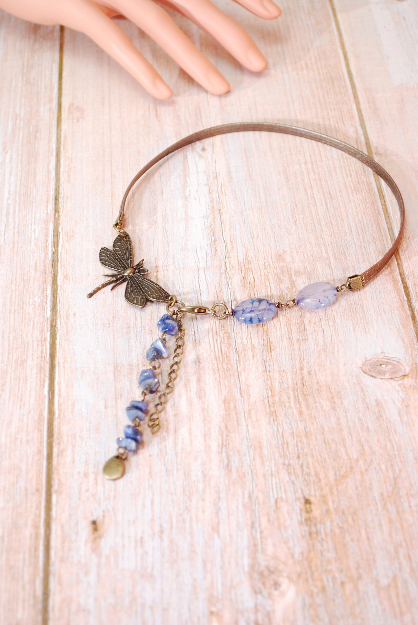 Dragonfly leather choker, blue dragon agate oval beads necklace, sodalite  beads choker.