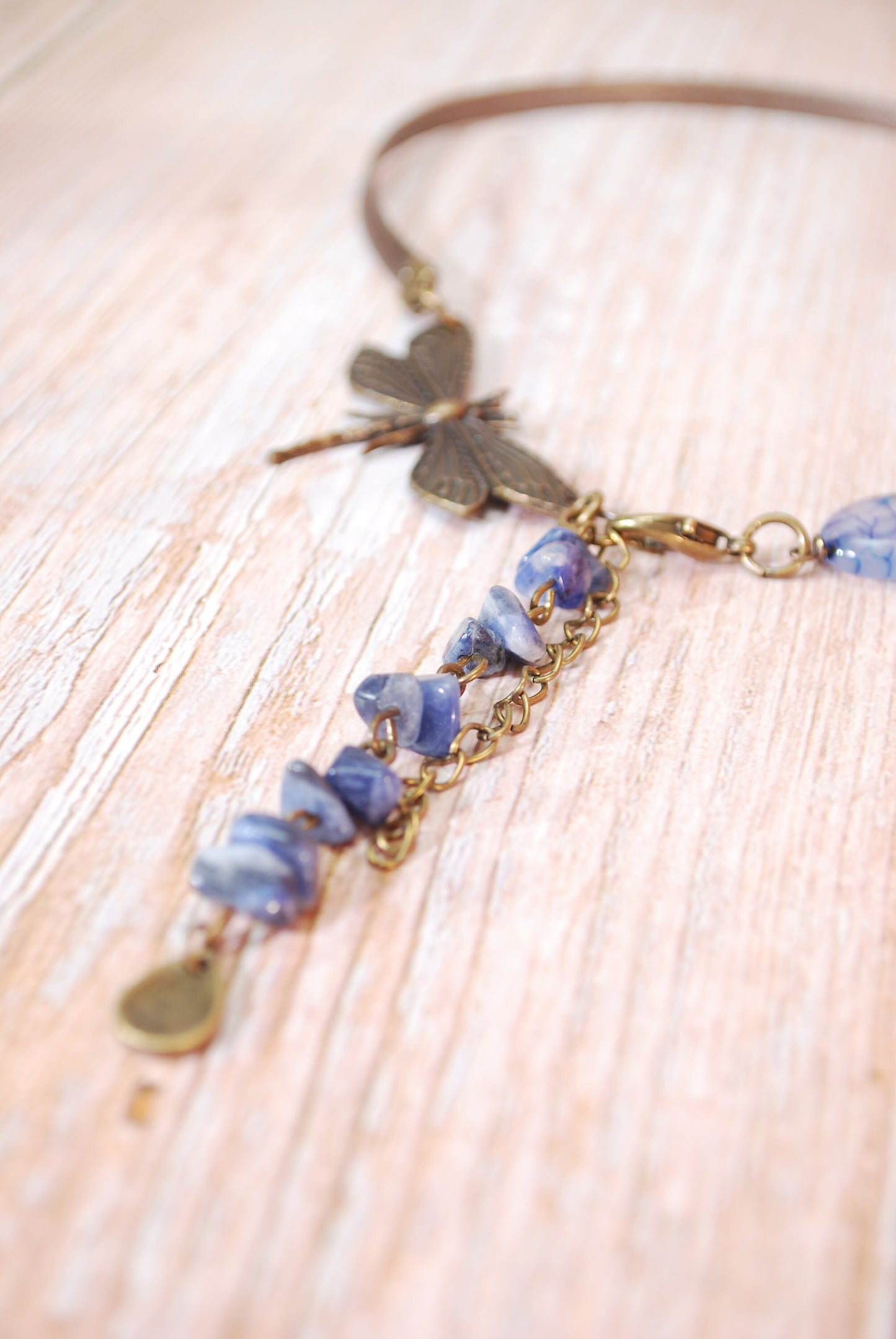 Dragonfly leather choker, blue dragon agate oval beads necklace, sodalite  beads choker.