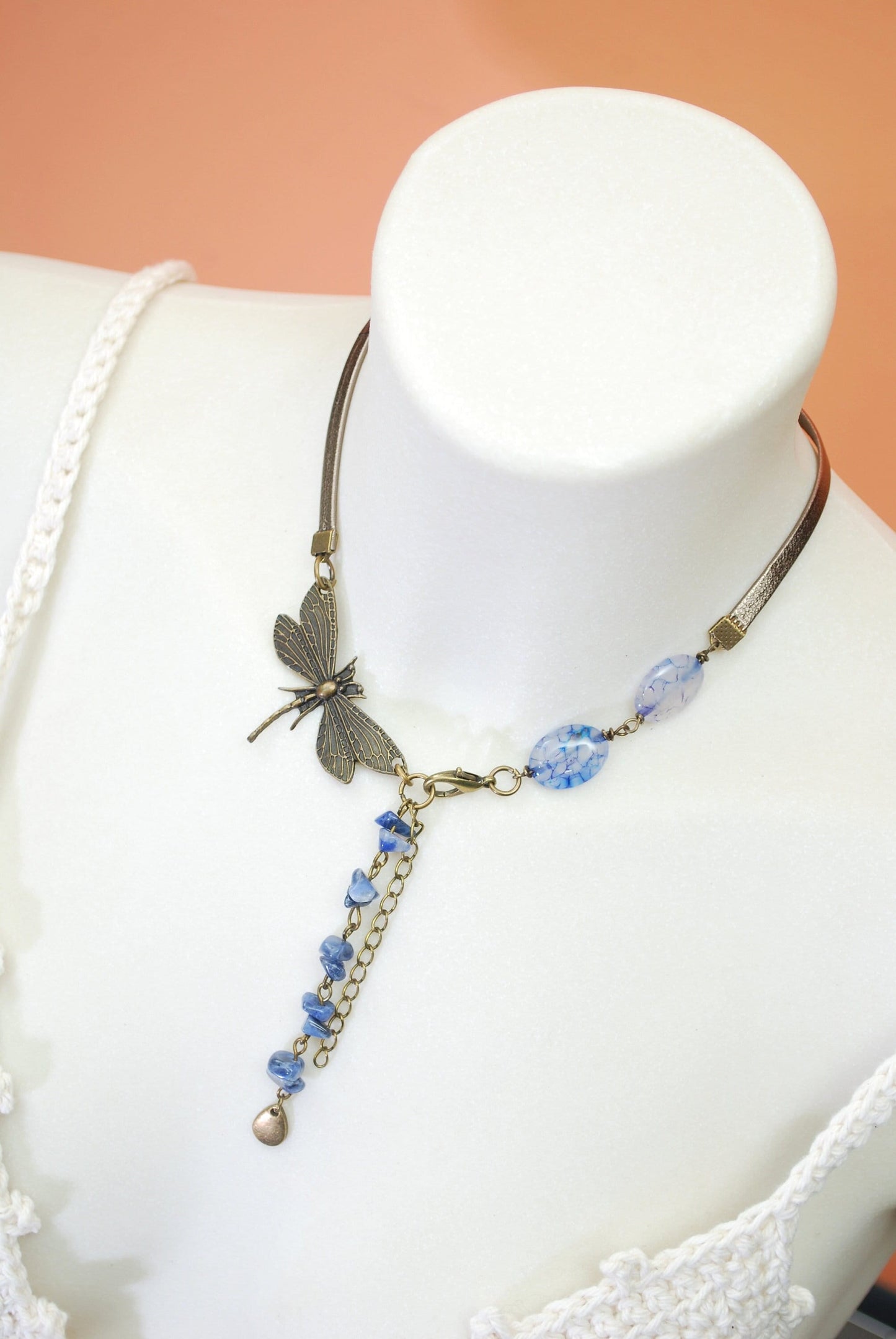 Dragonfly leather choker, blue dragon agate oval beads necklace, sodalite  beads choker.