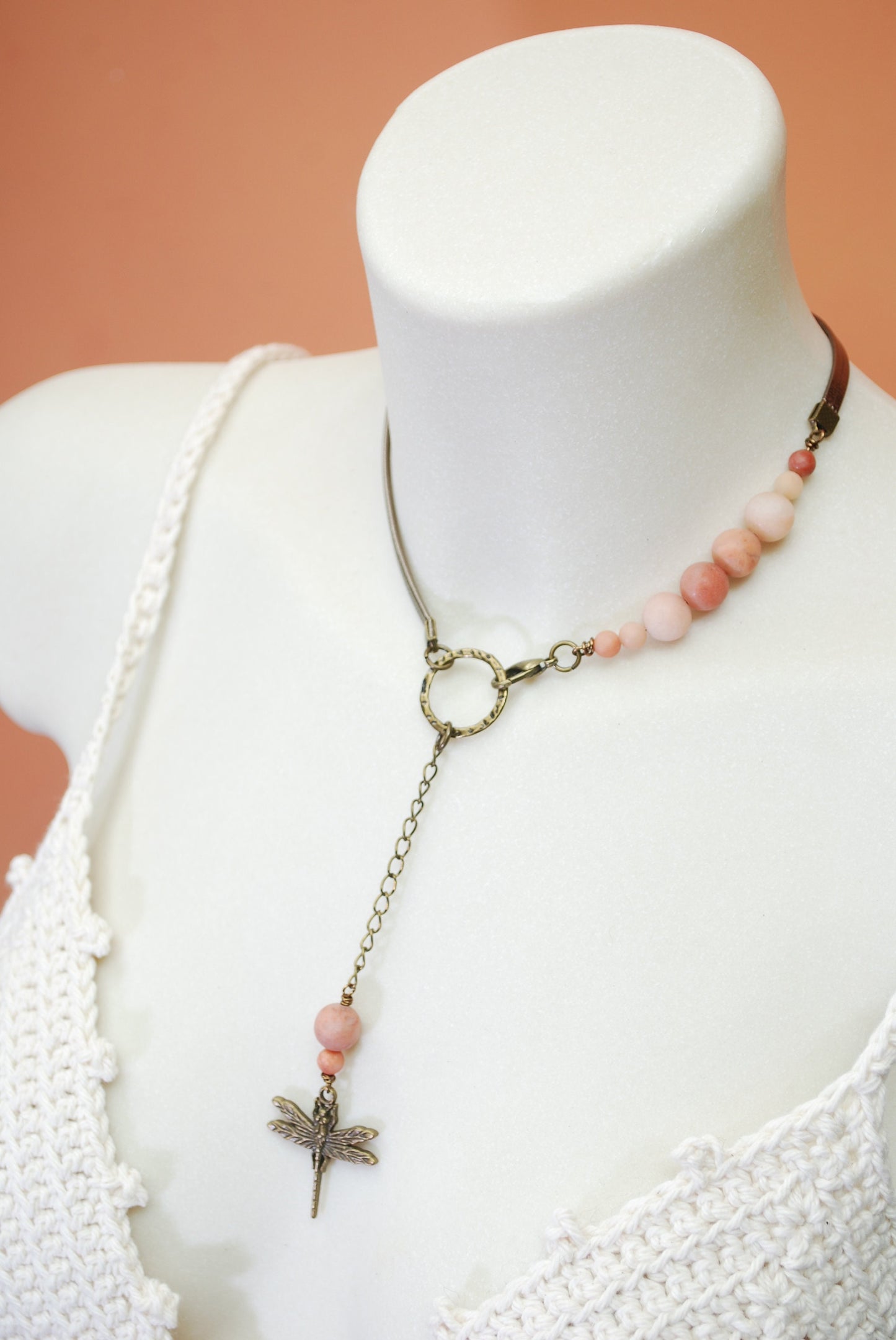 Lariat Bib necklace, Aventurine pink stone leather choker, dragonfly bohemian jewelry.