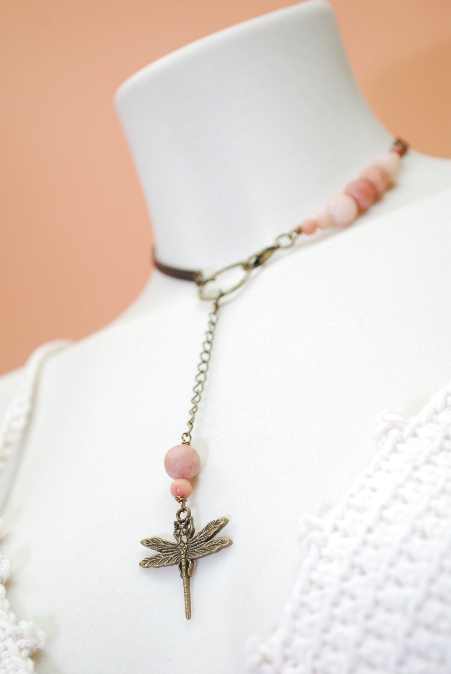 Lariat Bib necklace, Aventurine pink stone leather choker, dragonfly bohemian jewelry.