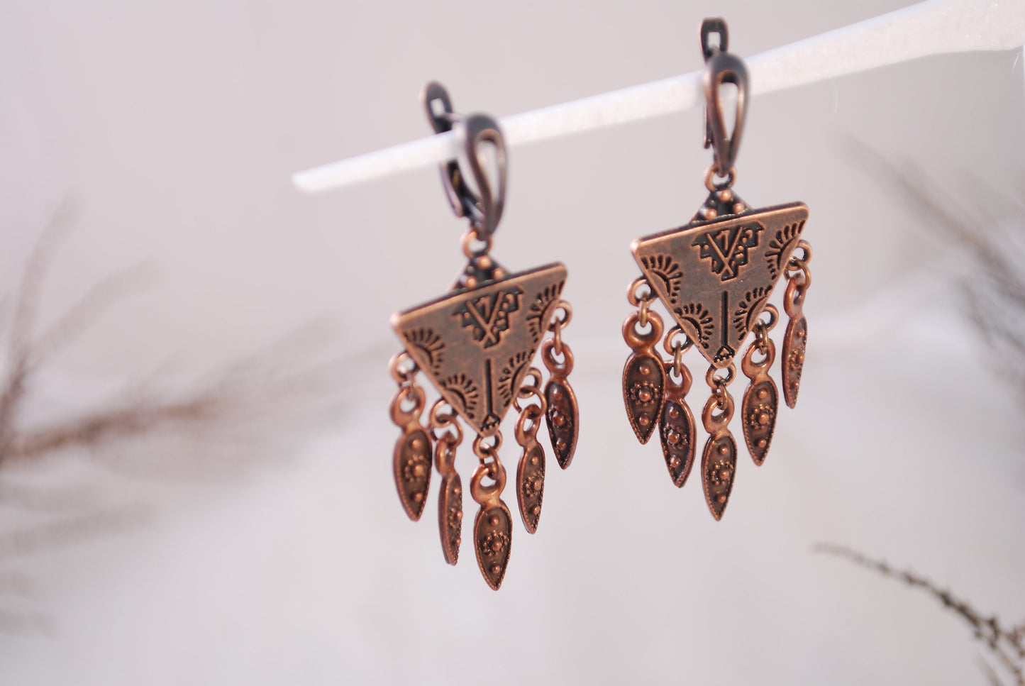 Estibela Triangle Boho Earrings - Stylish Gypsy Festival Accessories with Bronze Hoops and Coin Accents, 6cm Length