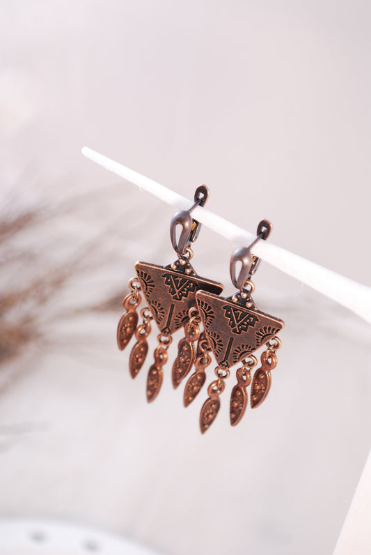 Estibela Triangle Boho Earrings - Stylish Gypsy Festival Accessories with Bronze Hoops and Coin Accents, 6cm Length