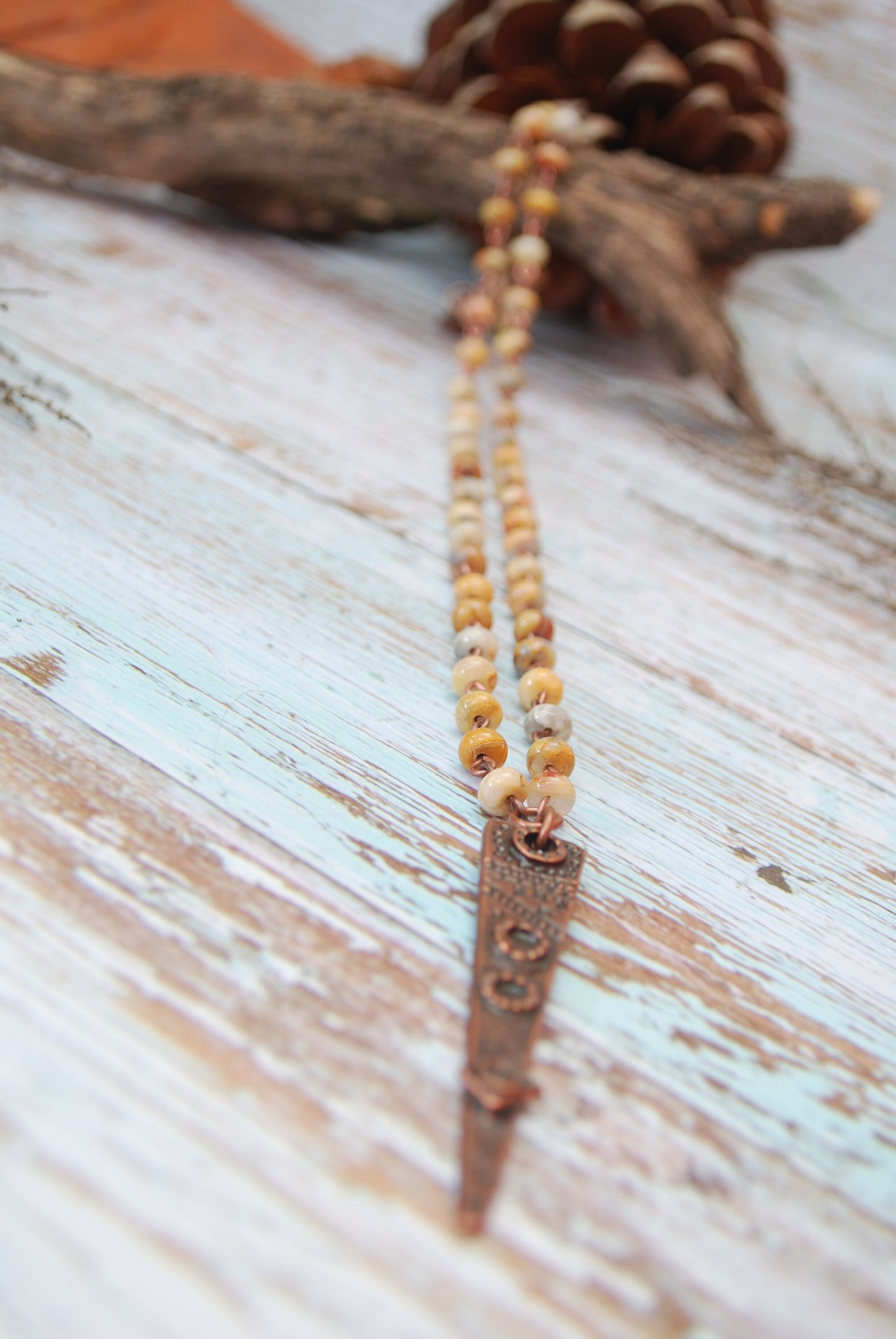 Long stone necklace. Handcrafted Long Necklace with Natural Agate Stone Beads and Copper Charm by Estibela Design