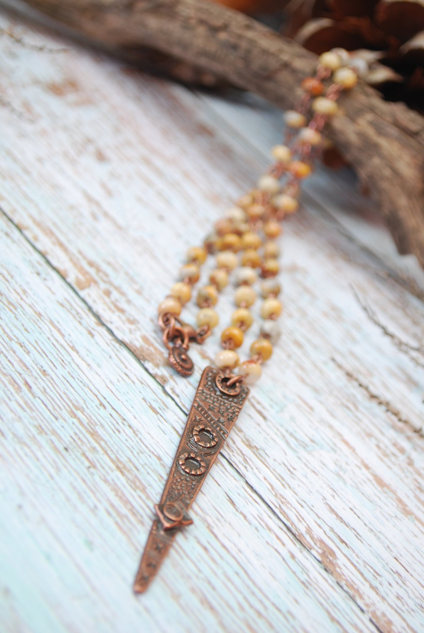 Long stone necklace. Handcrafted Long Necklace with Natural Agate Stone Beads and Copper Charm by Estibela Design