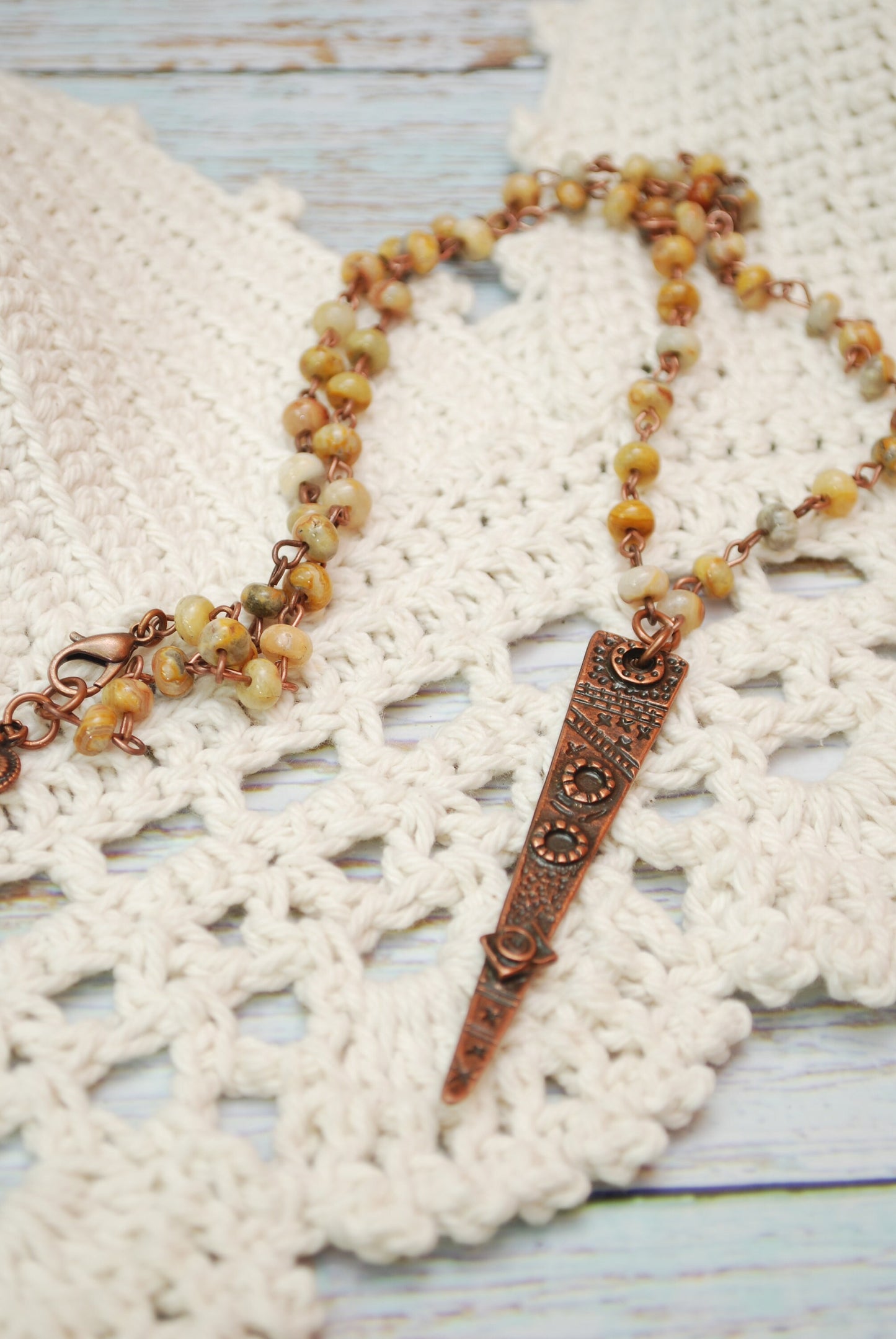 Long stone necklace. Handcrafted Long Necklace with Natural Agate Stone Beads and Copper Charm by Estibela Design