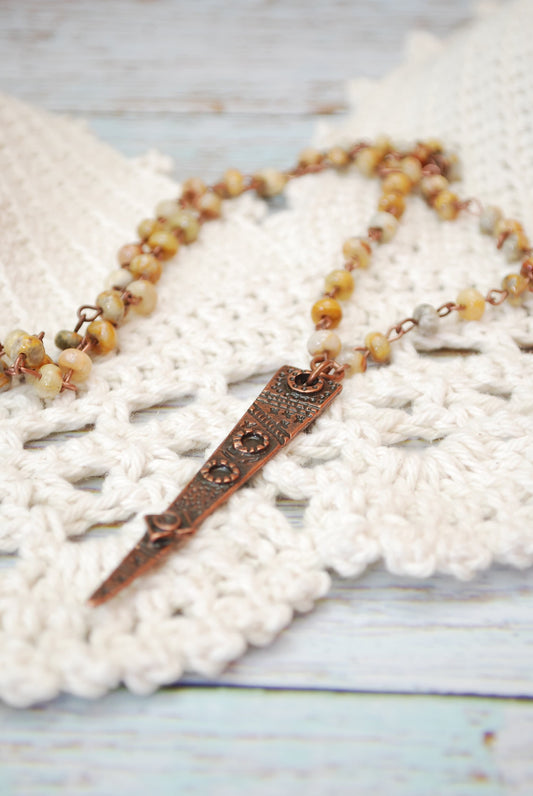 Long stone necklace. Handcrafted Long Necklace with Natural Agate Stone Beads and Copper Charm by Estibela Design