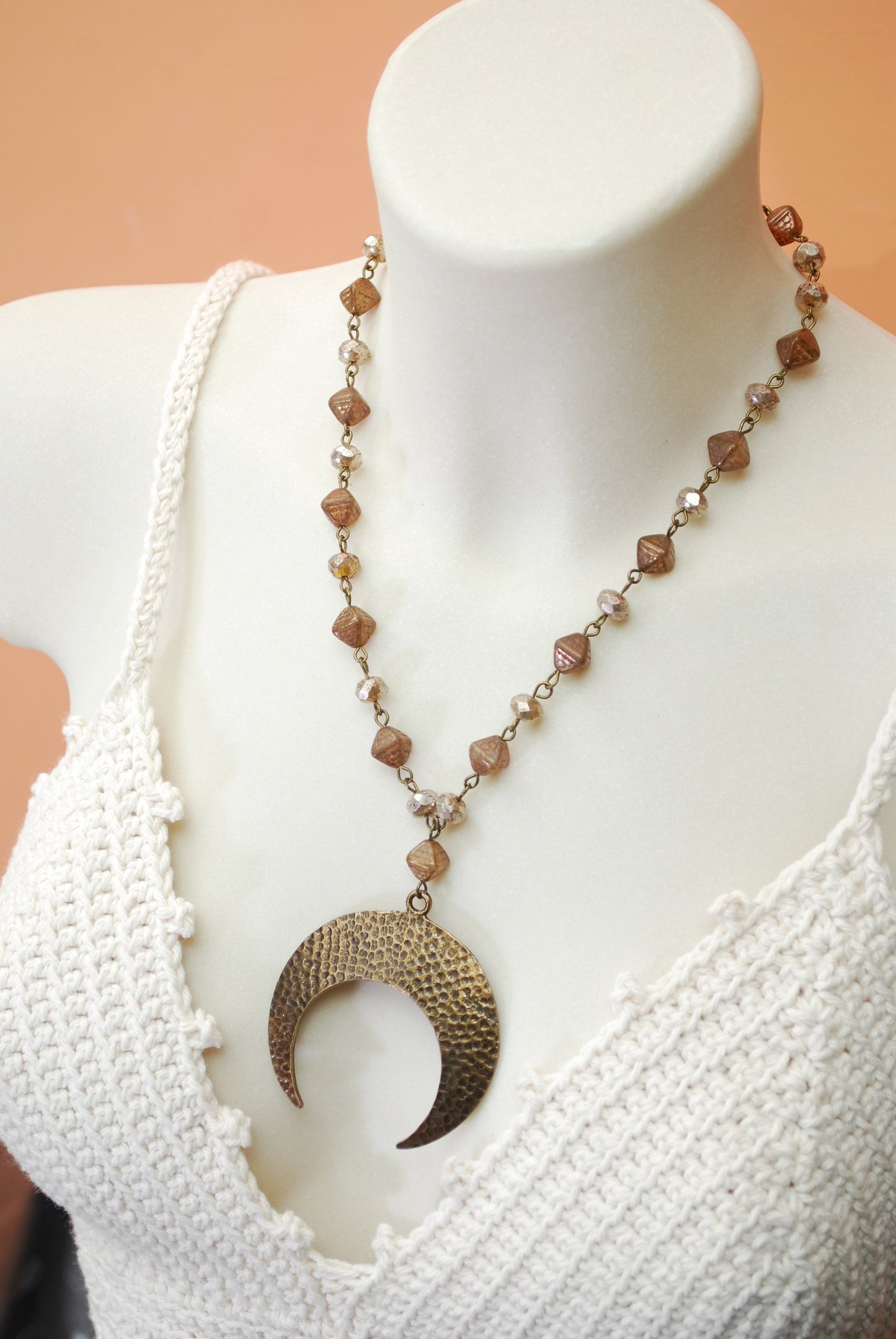 Bronze Moon Pendant with Brown Czech Glass Beads: Handcrafted Hippie Necklace for Bohemian Look, 18"  Estibela Design