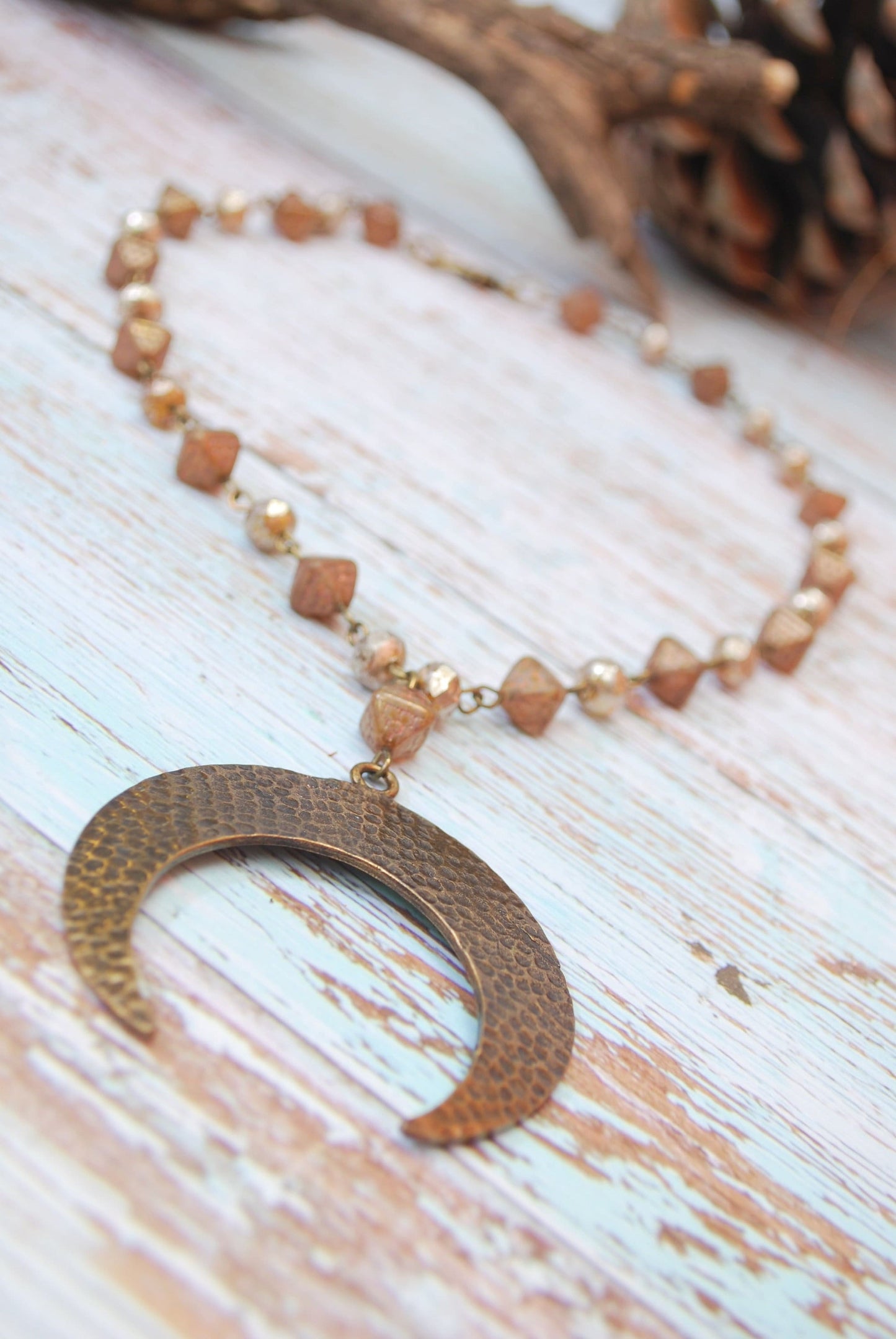 Bronze Moon Pendant with Brown Czech Glass Beads: Handcrafted Hippie Necklace for Bohemian Look, 18"  Estibela Design