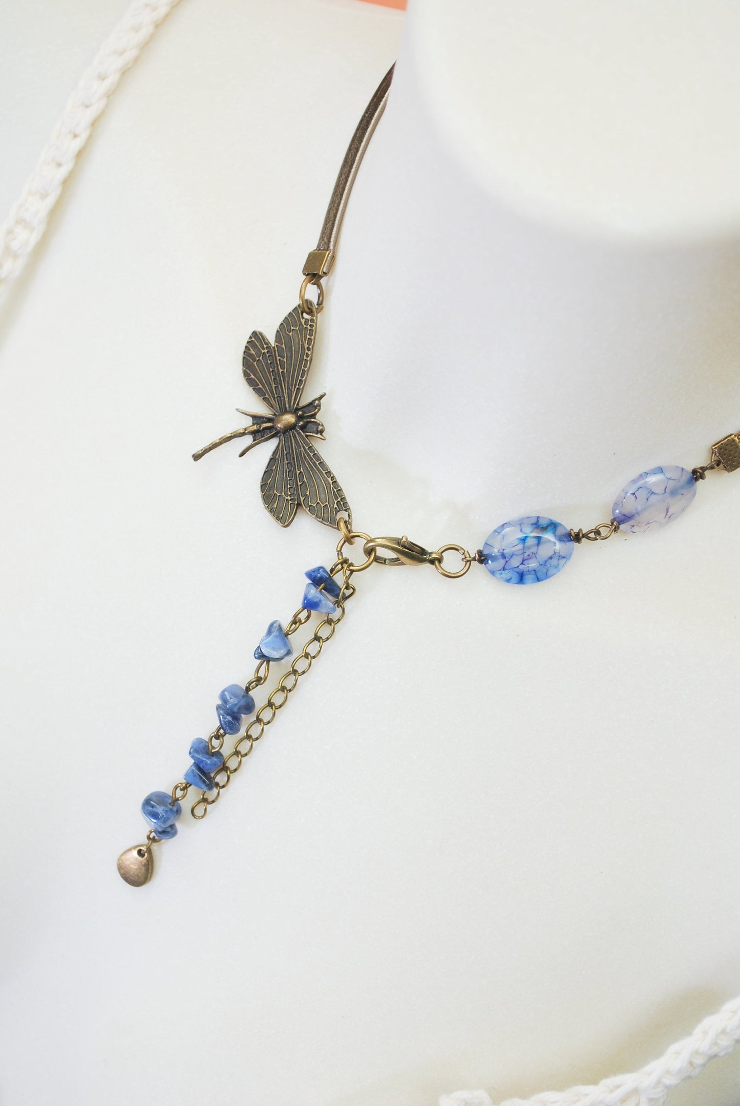 Dragonfly leather choker, blue dragon agate oval beads necklace, sodalite  beads choker.