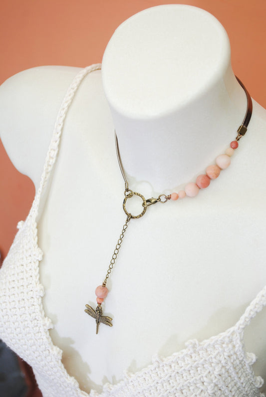 Lariat Bib necklace, Aventurine pink stone leather choker, dragonfly bohemian jewelry.