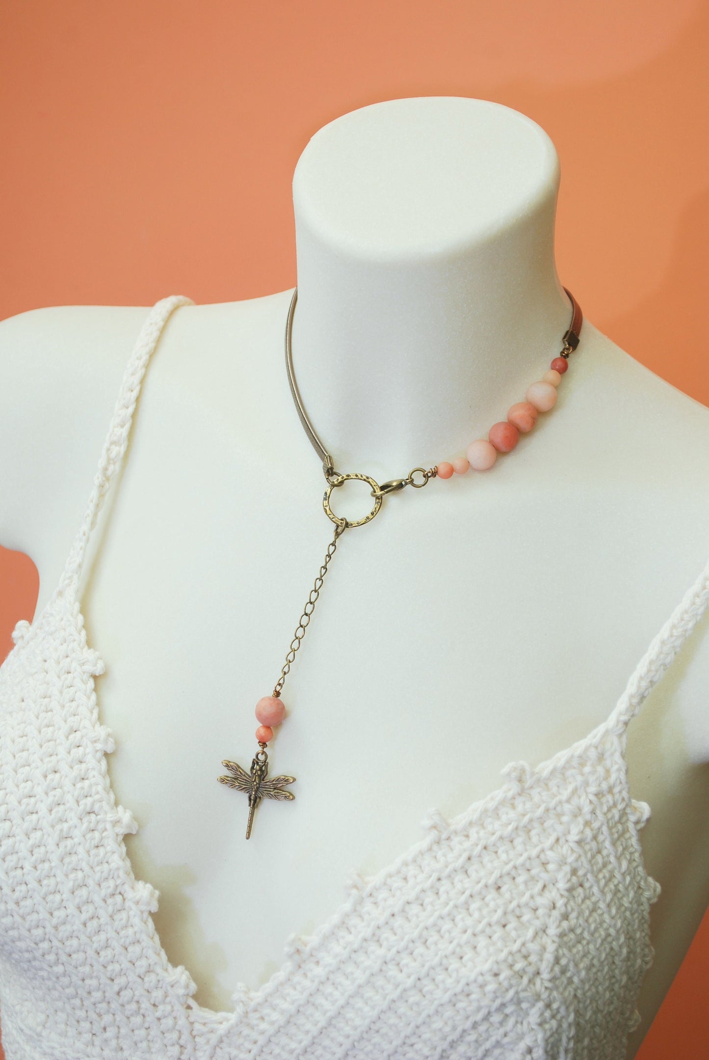 Lariat Bib necklace, Aventurine pink stone leather choker, dragonfly bohemian jewelry.