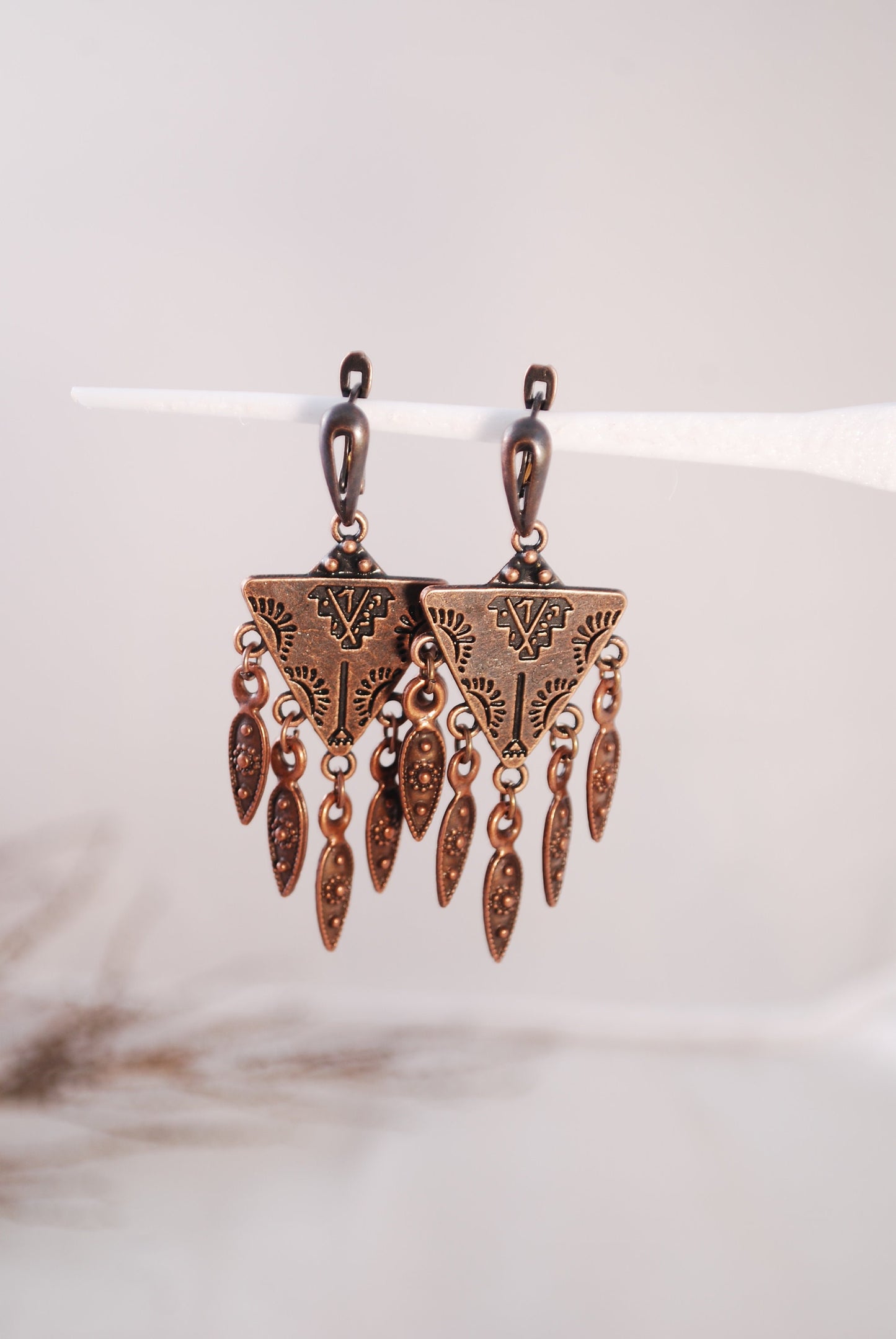 Estibela Triangle Boho Earrings - Stylish Gypsy Festival Accessories with Bronze Hoops and Coin Accents, 6cm Length