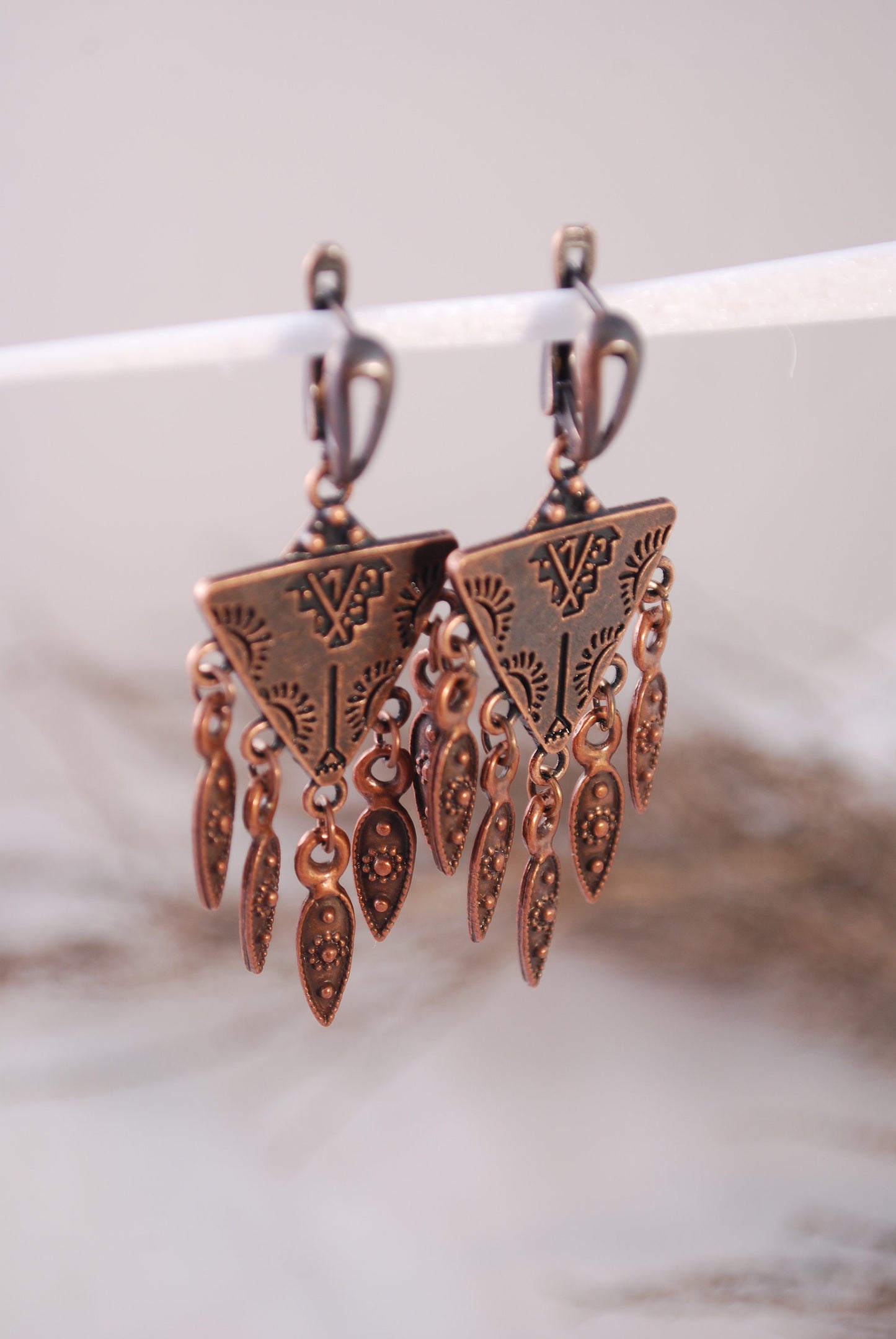 Estibela Triangle Boho Earrings - Stylish Gypsy Festival Accessories with Bronze Hoops and Coin Accents, 6cm Length