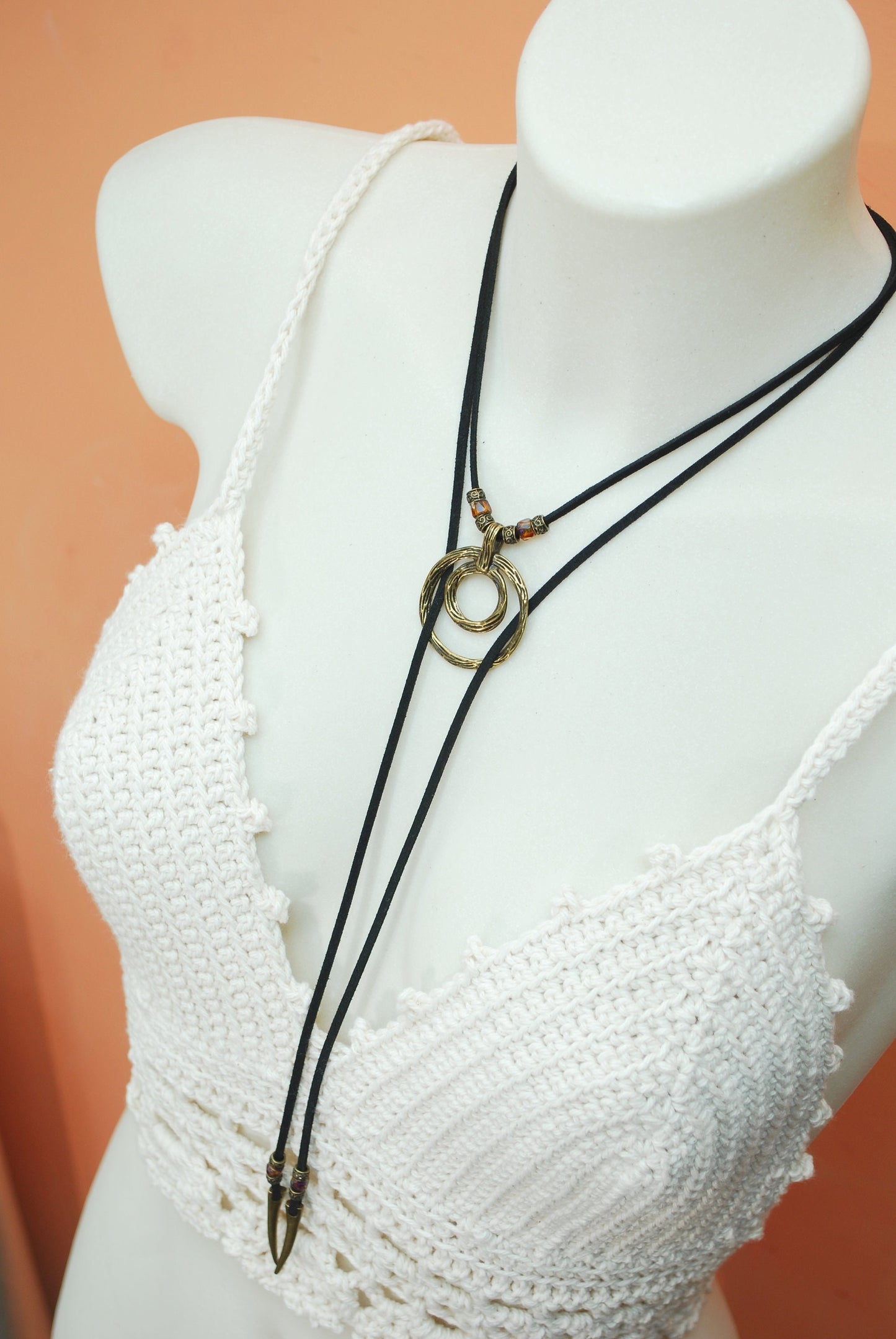 Sexy Festival Wrap Necklace, Long Rustic Black Faux Leather Choker, 2 Rings Necklace,  Gift For Here