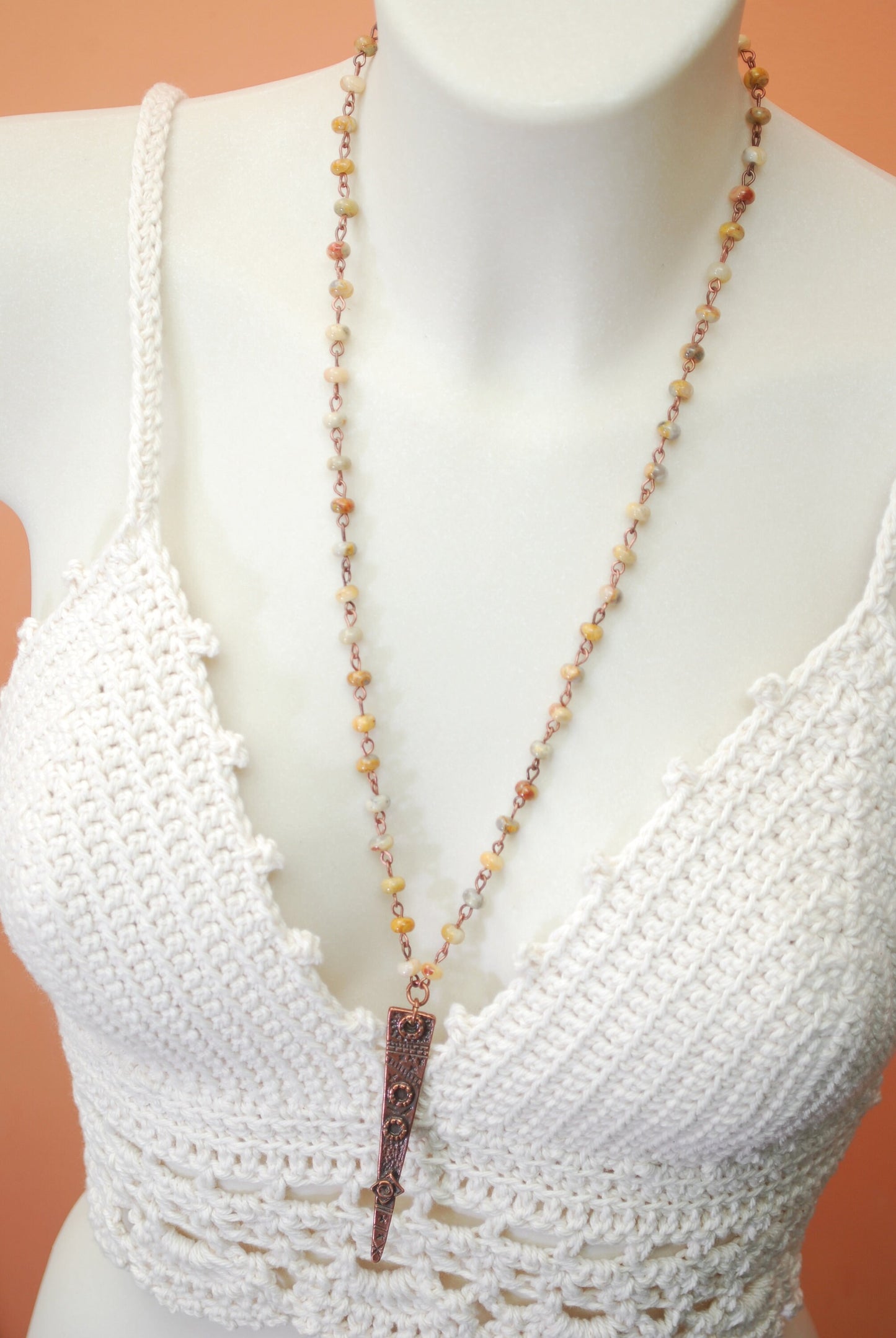 Long stone necklace. Handcrafted Long Necklace with Natural Agate Stone Beads and Copper Charm by Estibela Design