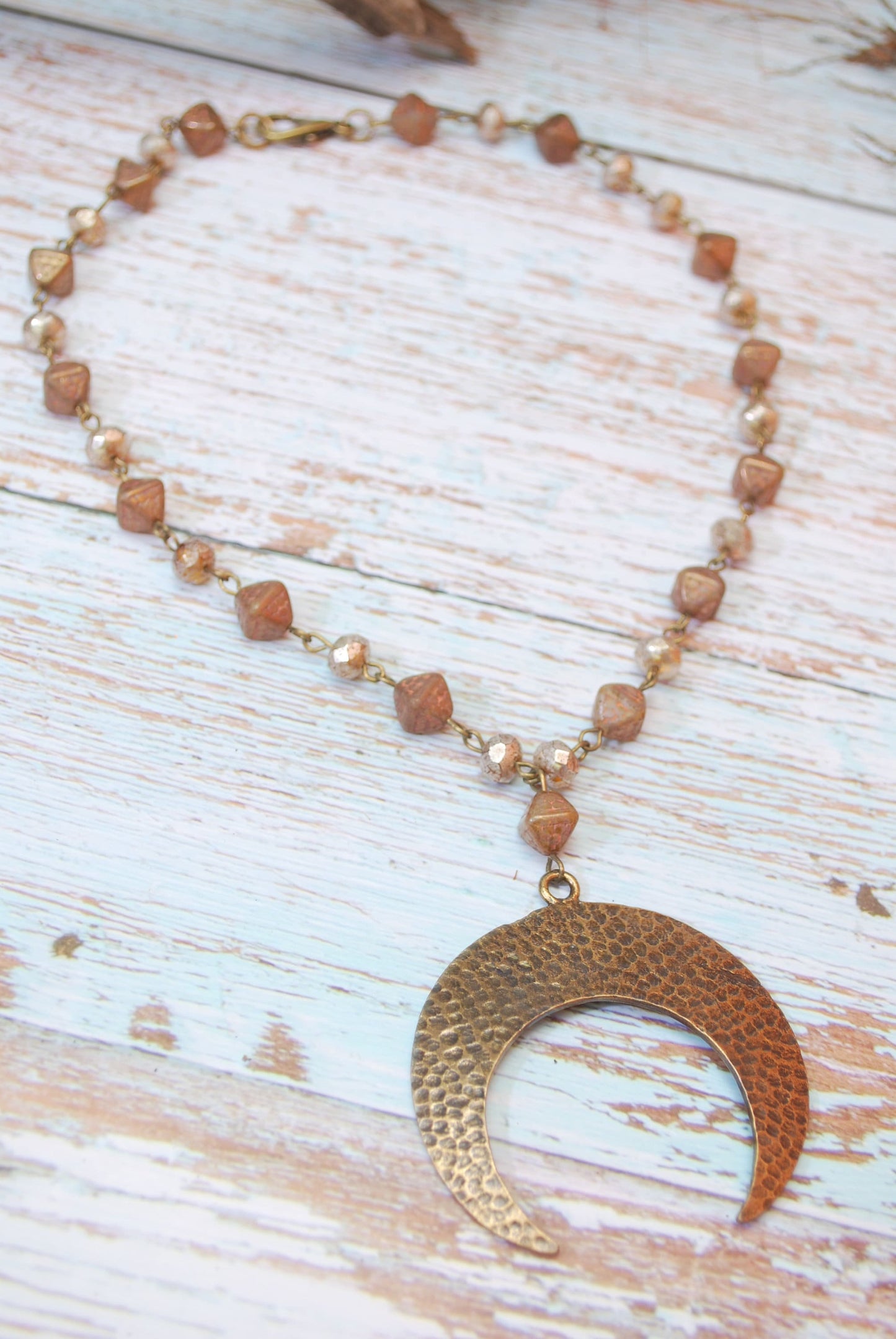 Bronze Moon Pendant with Brown Czech Glass Beads: Handcrafted Hippie Necklace for Bohemian Look, 18"  Estibela Design