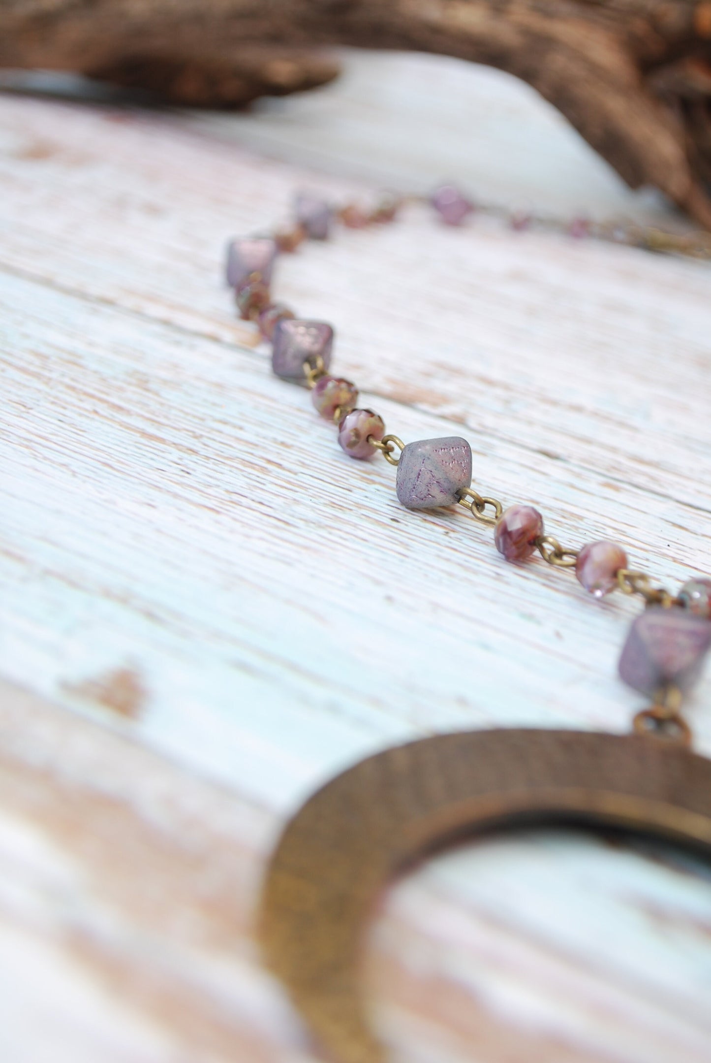 Festival-Inspired Heavy Big Bronze Moon Pendant Necklace, andcrafted Stylish Purple Lilac Beaded Hippie Necklace 50 cm, 20"