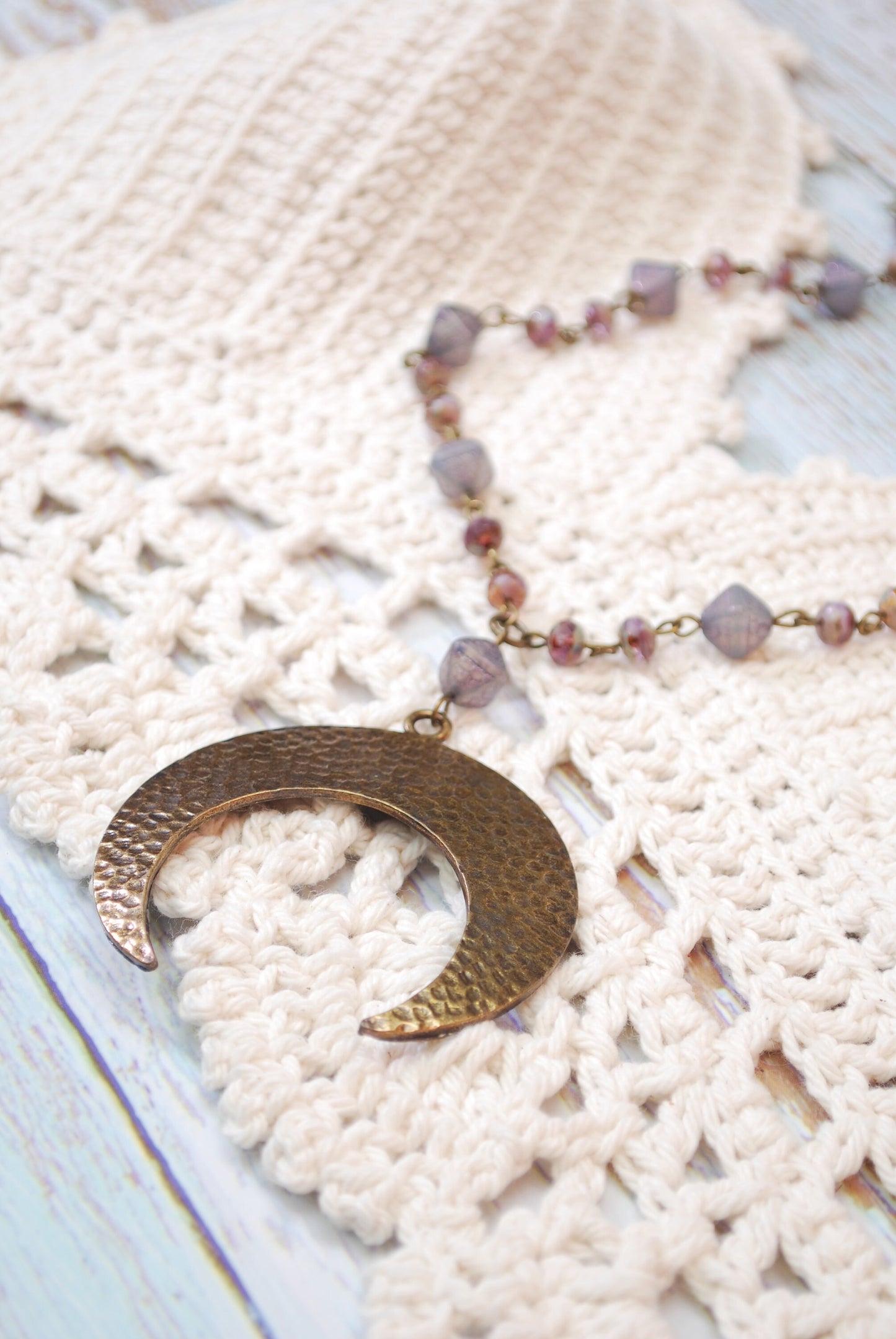 Festival-Inspired Heavy Big Bronze Moon Pendant Necklace, andcrafted Stylish Purple Lilac Beaded Hippie Necklace 50 cm, 20"