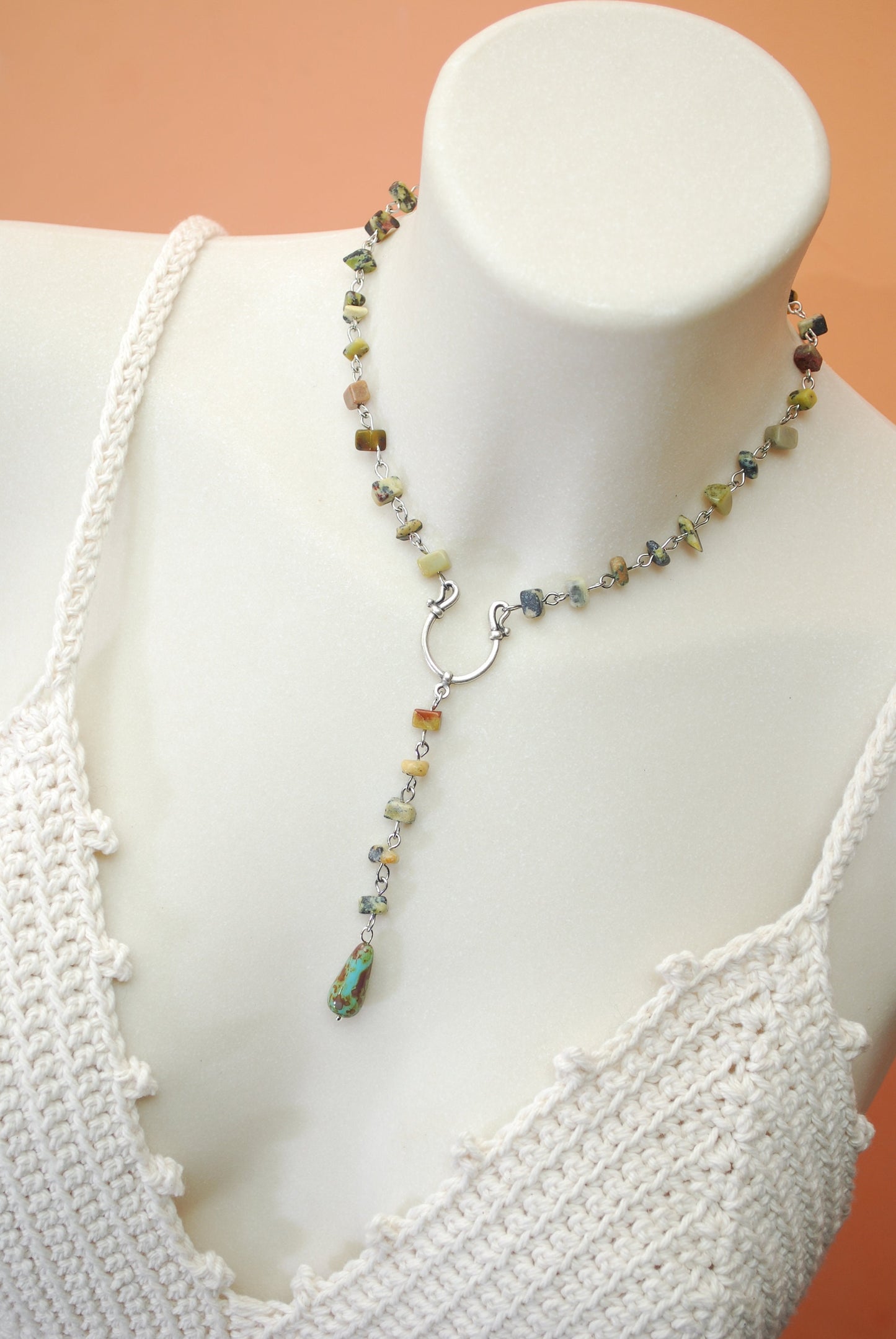 Delicate Gemstone Choker, Lariat necklace, serpentine stone irregular beaded choker, Summer Spring Outfit