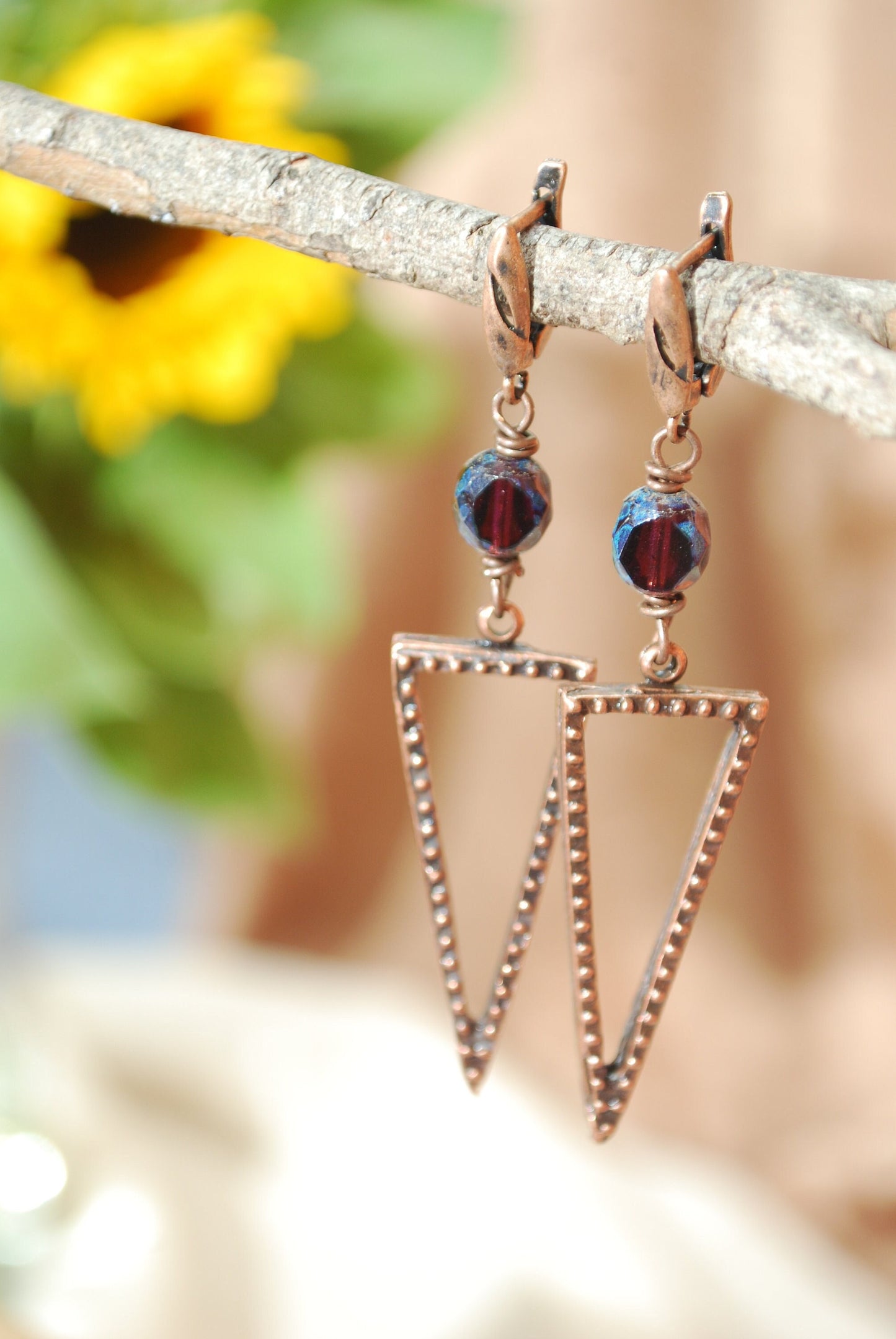 Boho Copper Earrings with Czech Glass Beads: Unique Artisan Jewelry.  7.5cm - 3". Estibela design