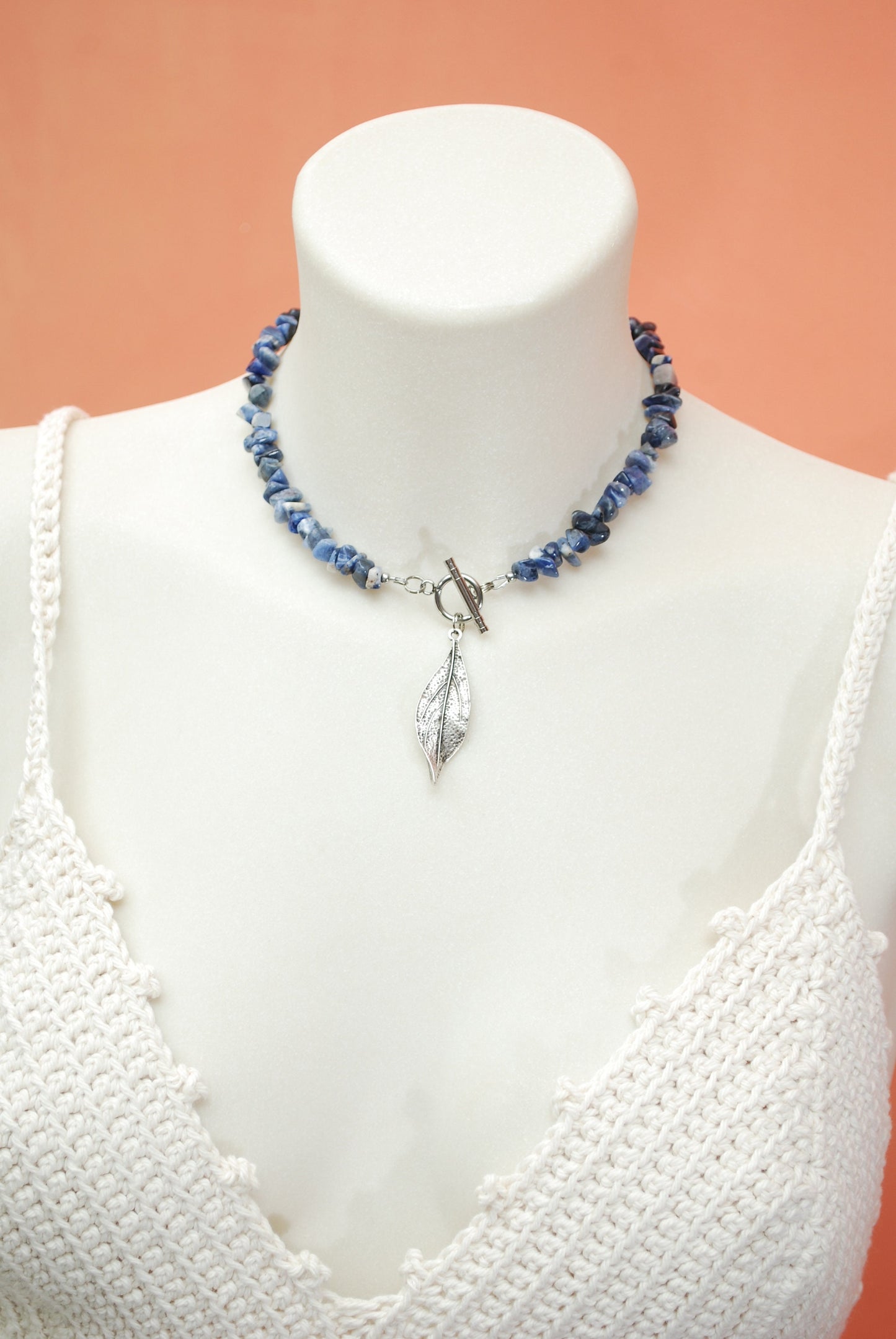 Blue Stone Beaded Leaf Pendant Necklace - Trendy Handmade Jewelry for Girls .