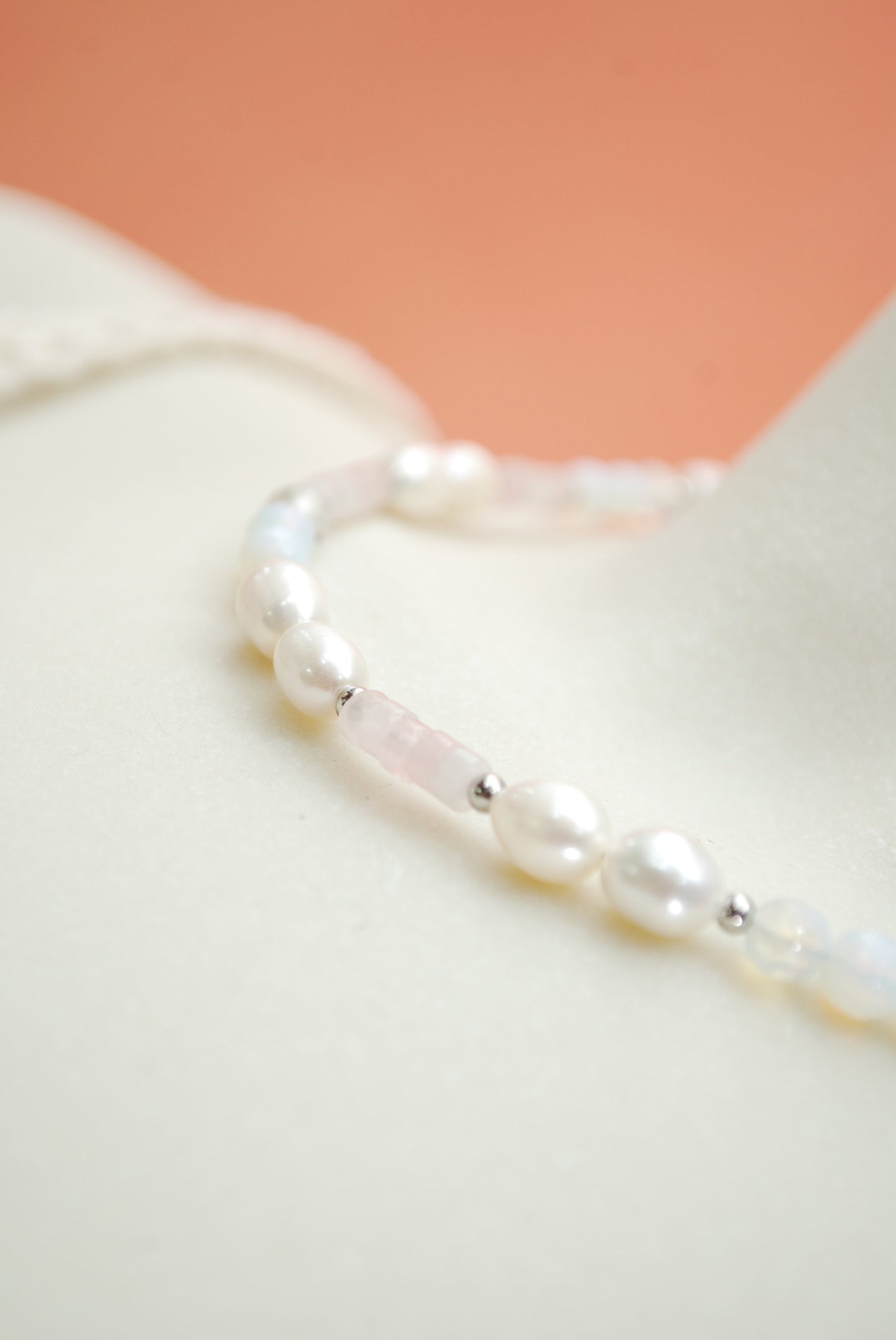 Handmade Elegant White & Light Pink Stone Necklace with Freshwater Pearls, Pink Quartz, and Opaline Beads - 17 inches