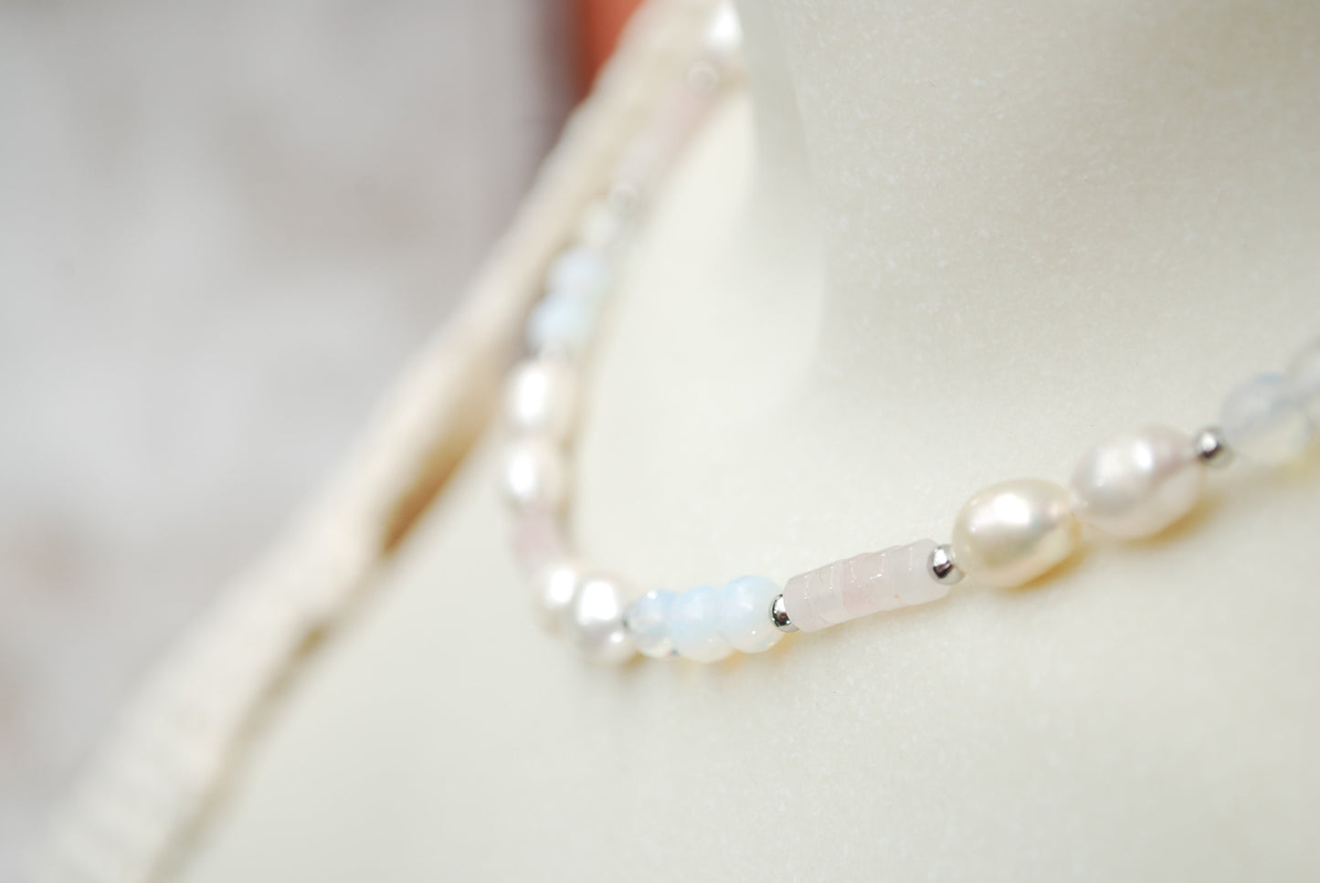 Handmade Elegant White & Light Pink Stone Necklace with Freshwater Pearls, Pink Quartz, and Opaline Beads - 17 inches