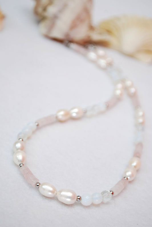 Handmade Elegant White & Light Pink Stone Necklace with Freshwater Pearls, Pink Quartz, and Opaline Beads - 17 inches