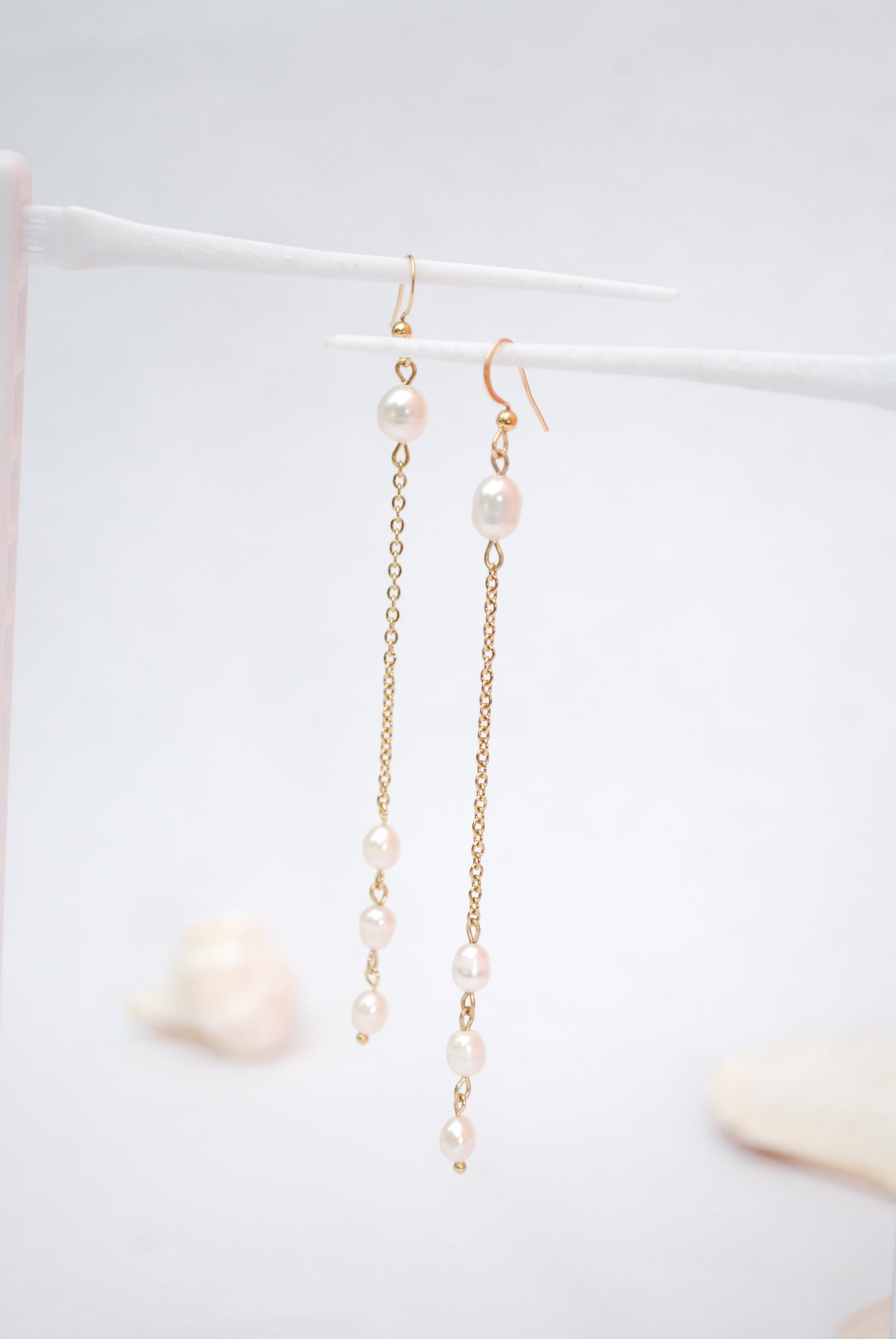 Rustic Bohemian-Inspired Long Pearl Earrings, Delicate Elegant Cascade of Freshwater Pearls on Gold-Plated Stainless Steel, 11cm - 4.3"