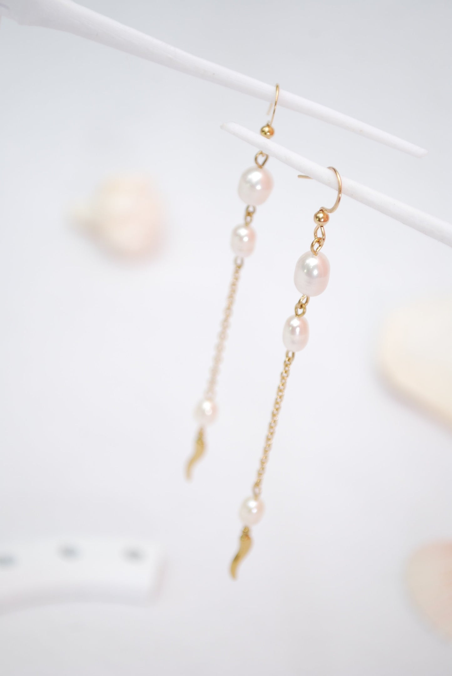 Ascetic Rustic Bohemian Earrings with Freshwater Pearls and Gold Plated Stainless Steel - 4 Inches Long