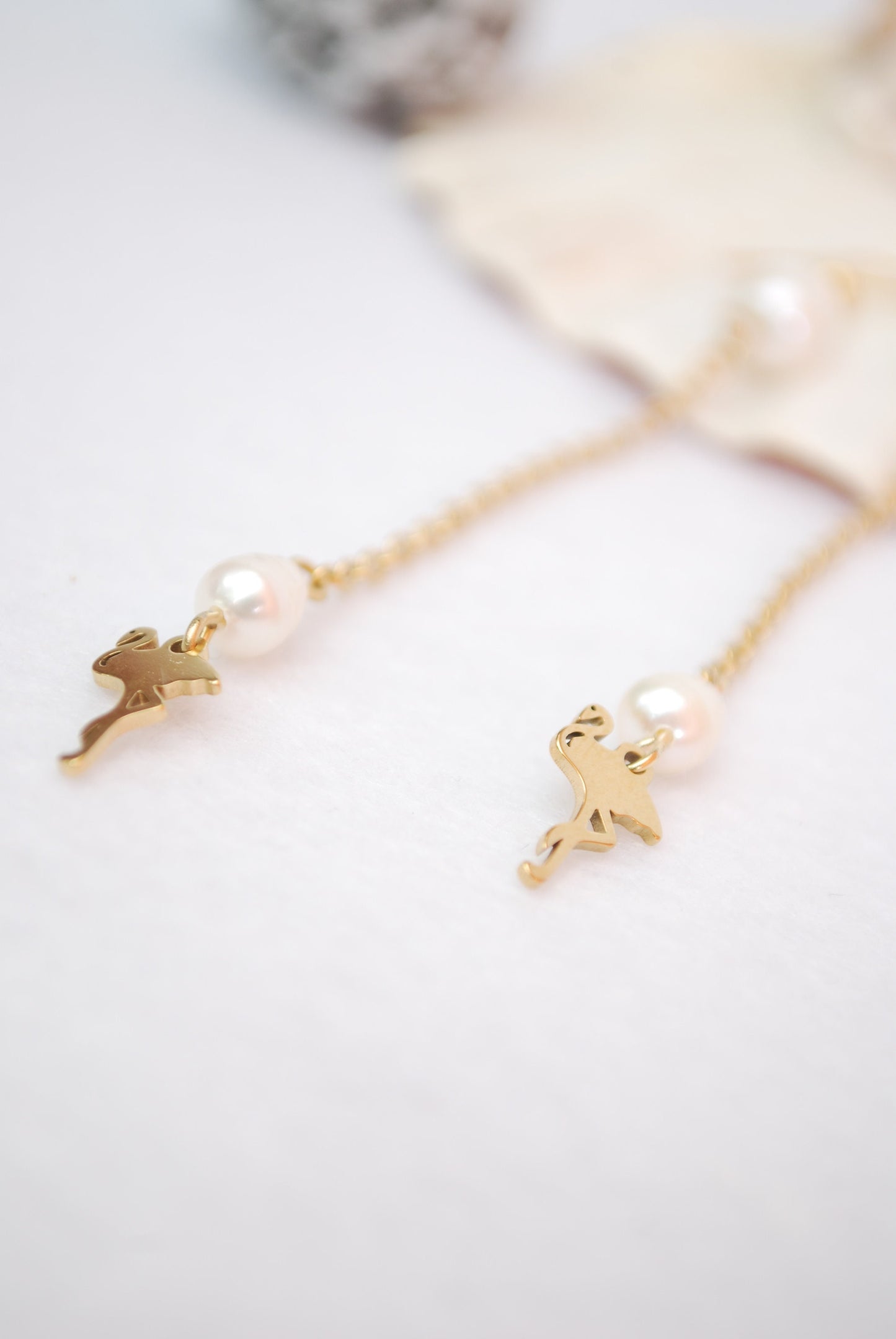 Golden Flamingos and Freshwater Pearls Earrings: Long Estibela Stainless Steel Jewelry, Perfect Gift for Animal Lovers