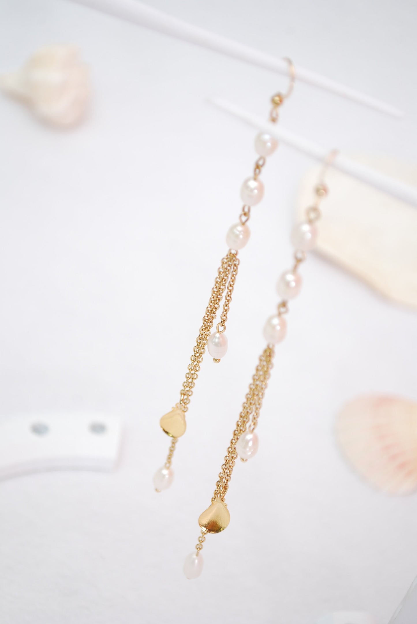 Limited Stock Available! Golden Cascade Earrings with Freshwater Pearls and Shells, Long Chain Bridal Jewelry, Rustic Bohemian Style