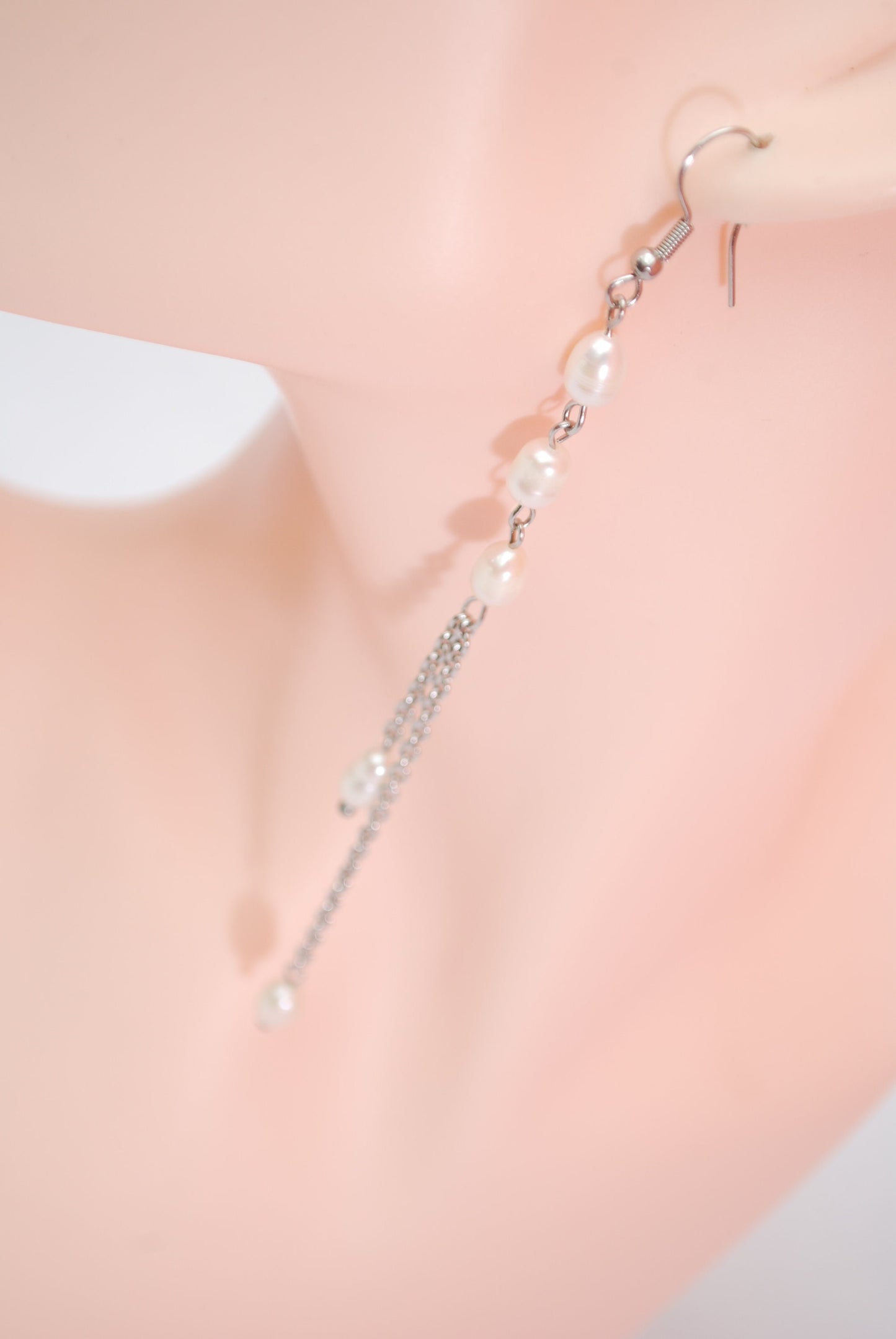 Long chain earrings, silver stainless steel earrings,  freshwater pearl & shell earrings, 12.5cm - 5"