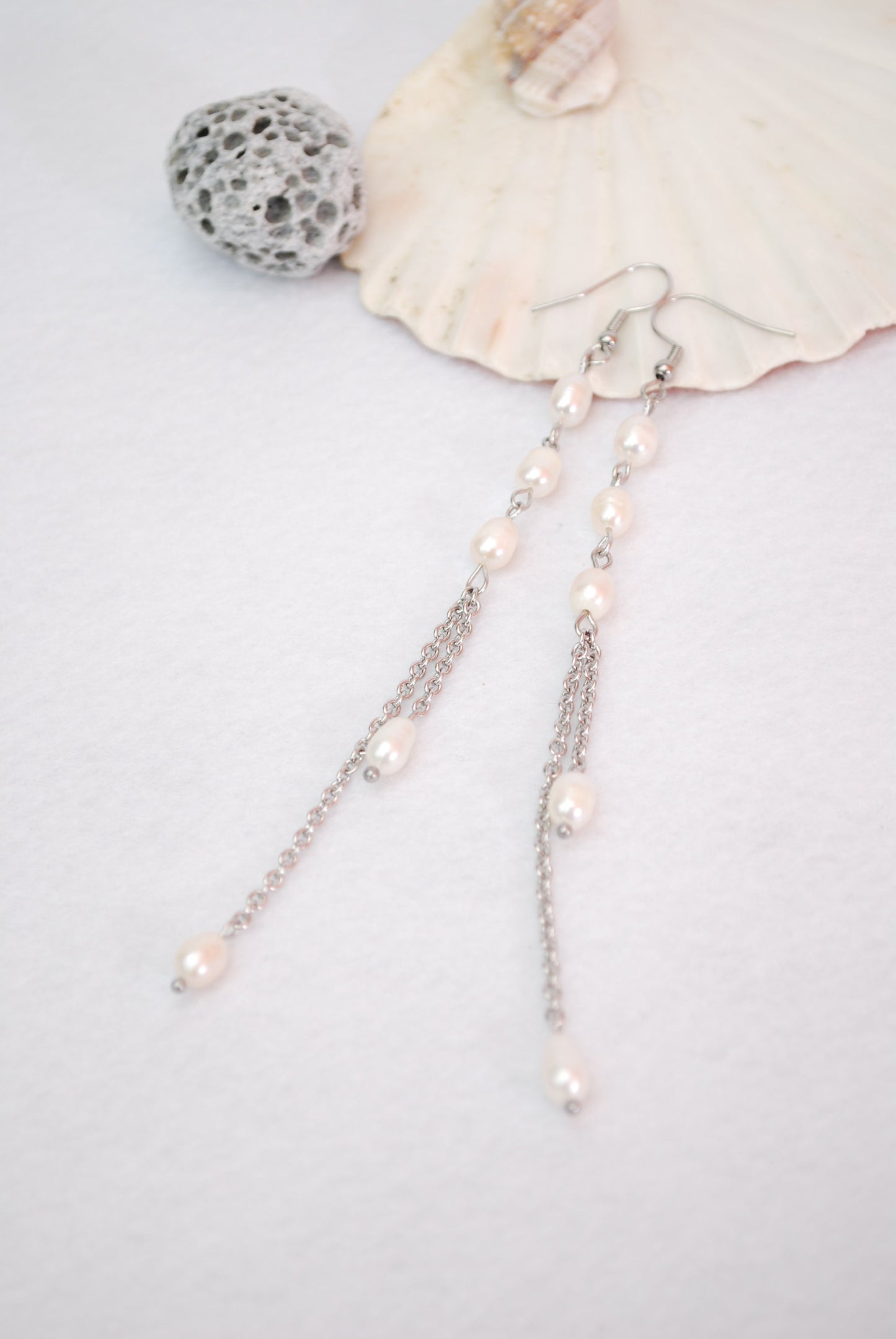 Long chain earrings, silver stainless steel earrings,  freshwater pearl & shell earrings, 12.5cm - 5"