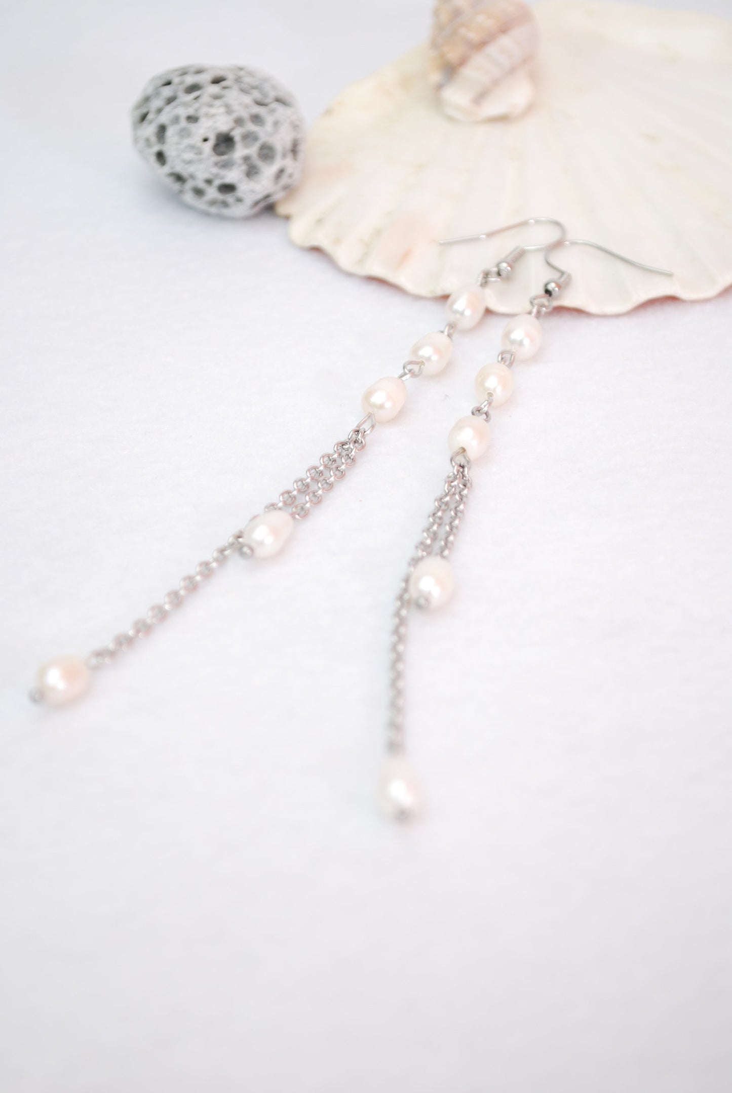 Limited Stock Available! Long chain earrings, silver stainless steel earrings,  freshwater pearl & shell earrings, 12.5cm - 5"