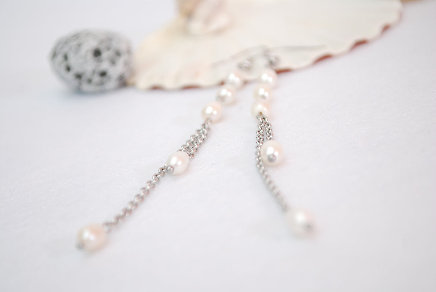 Limited Stock Available! Long chain earrings, silver stainless steel earrings,  freshwater pearl & shell earrings, 12.5cm - 5"