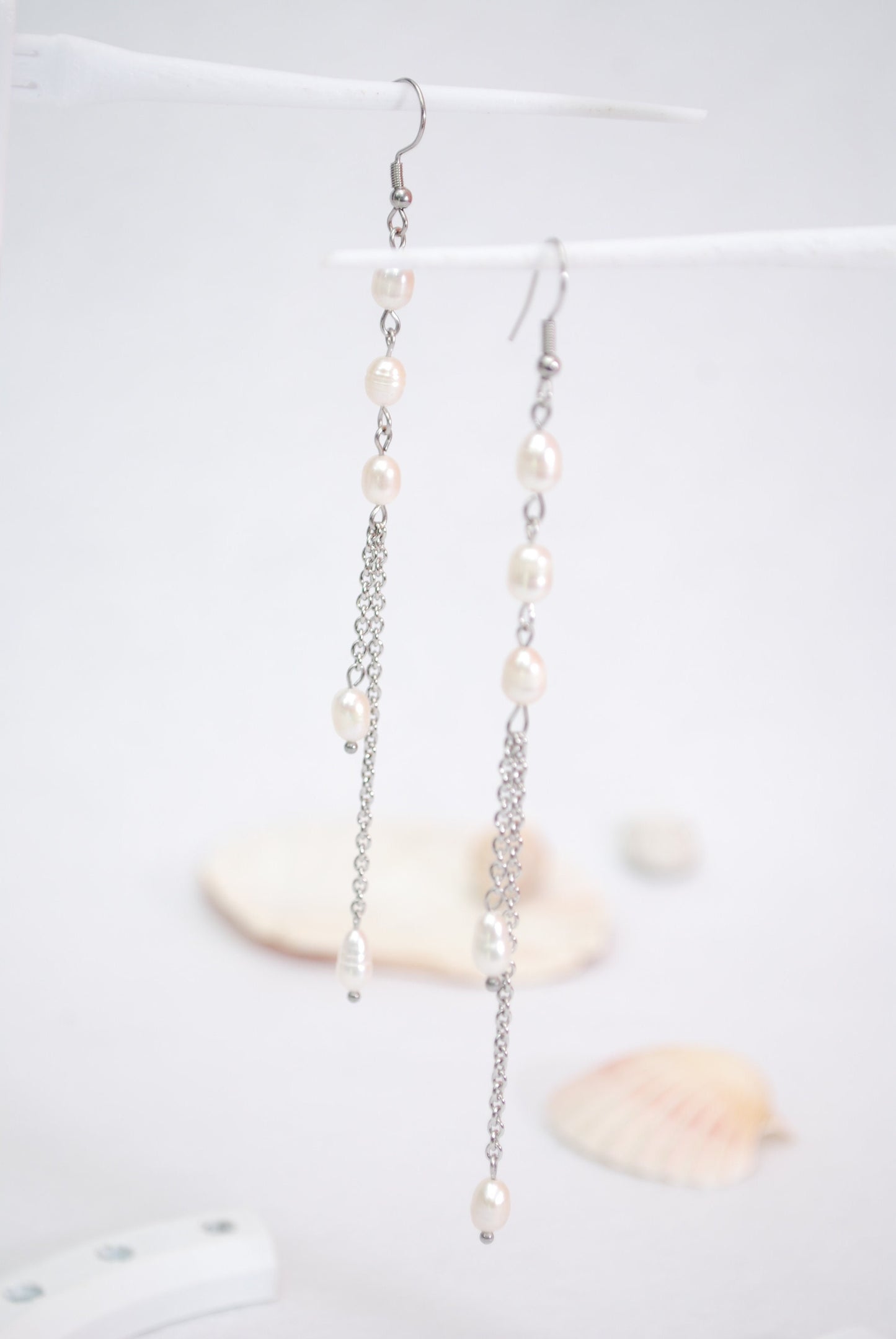 Limited Stock Available! Long chain earrings, silver stainless steel earrings,  freshwater pearl & shell earrings, 12.5cm - 5"