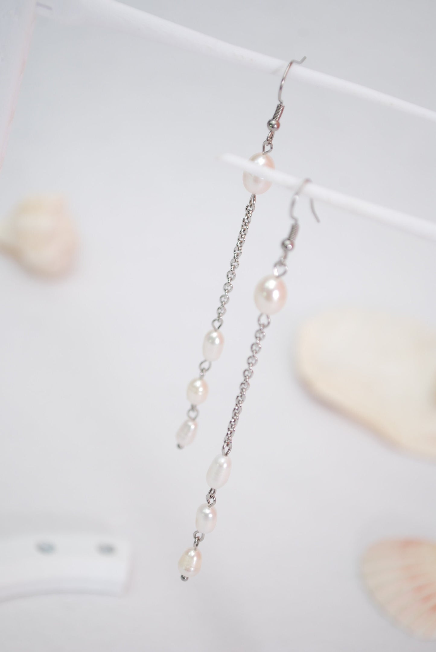 Radiant Bohemian Elegance: Long Chain Dangle Pearl Earrings in Stainless Steel - Perfect for Bridesmaids and Everyday Wear, 10cm - 4"