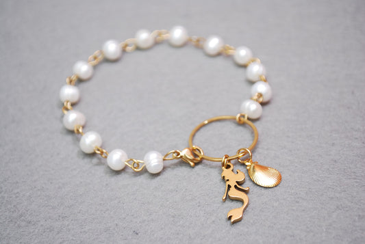 Exquisite Pearl Beaded Stainless Steel Bracelet with Mermaid Charm, Perfect Summer Beach Style from Estibela